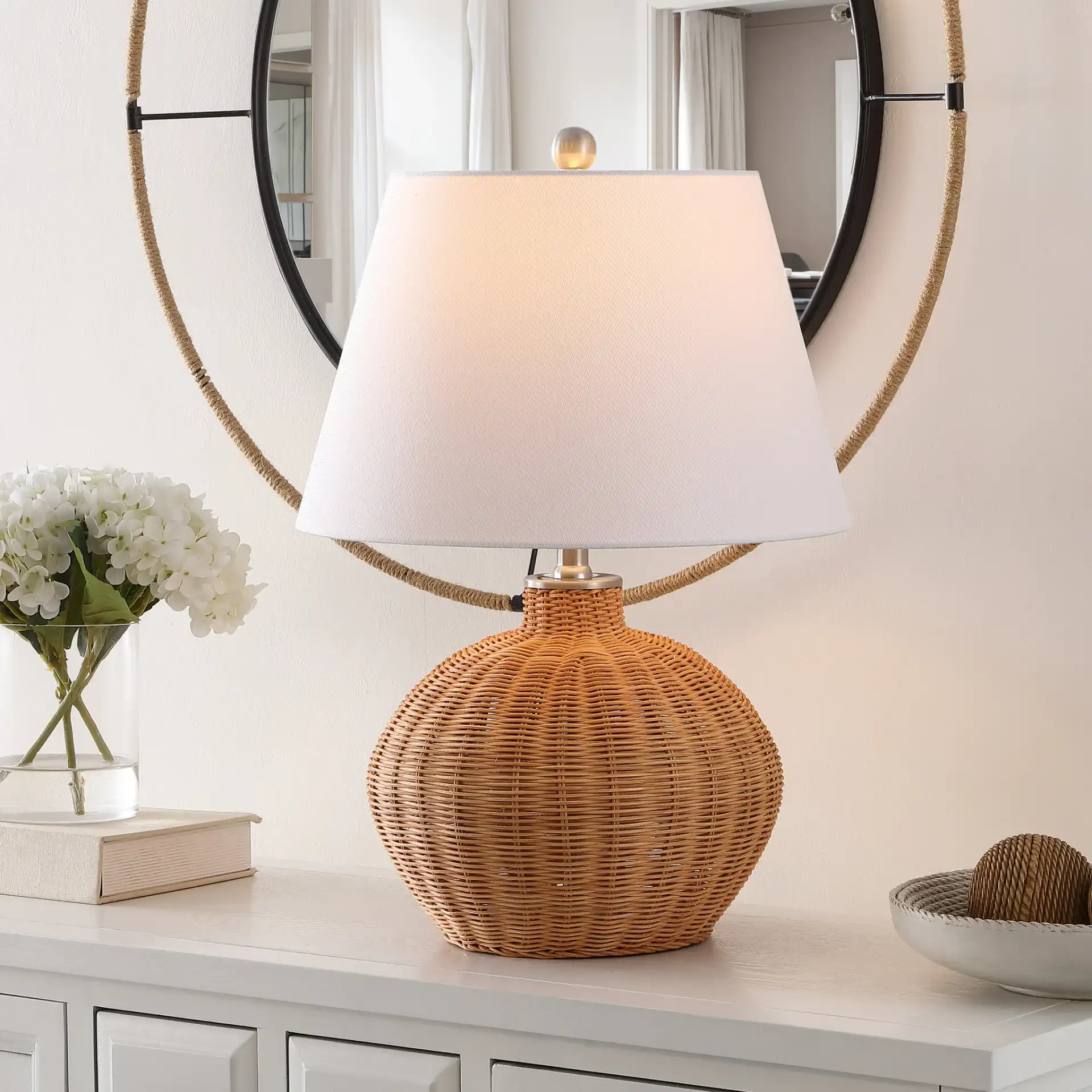 Juana Rattan Table Lamp in Natural in a styled room
