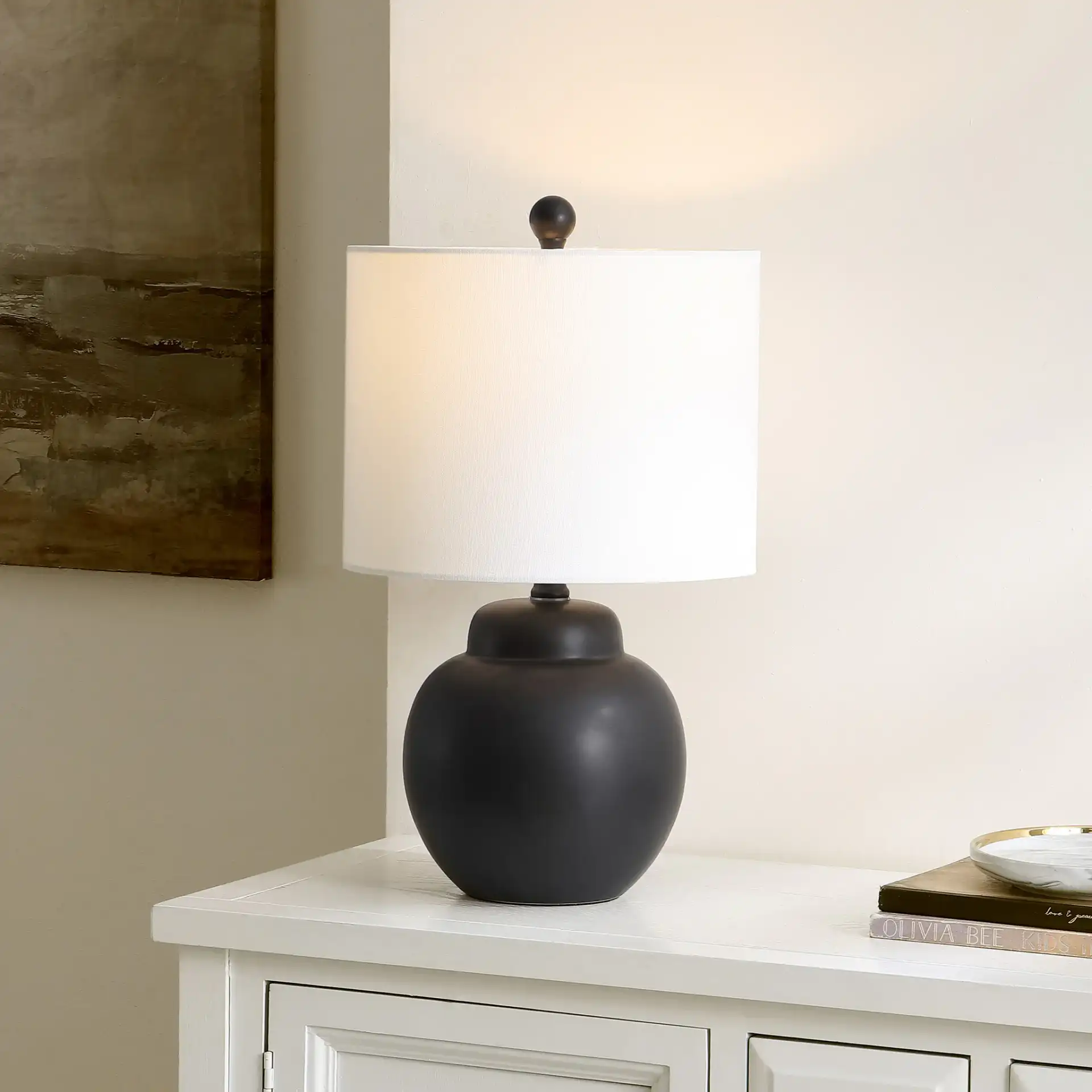 Roux Table Lamp in Black in a styled room
