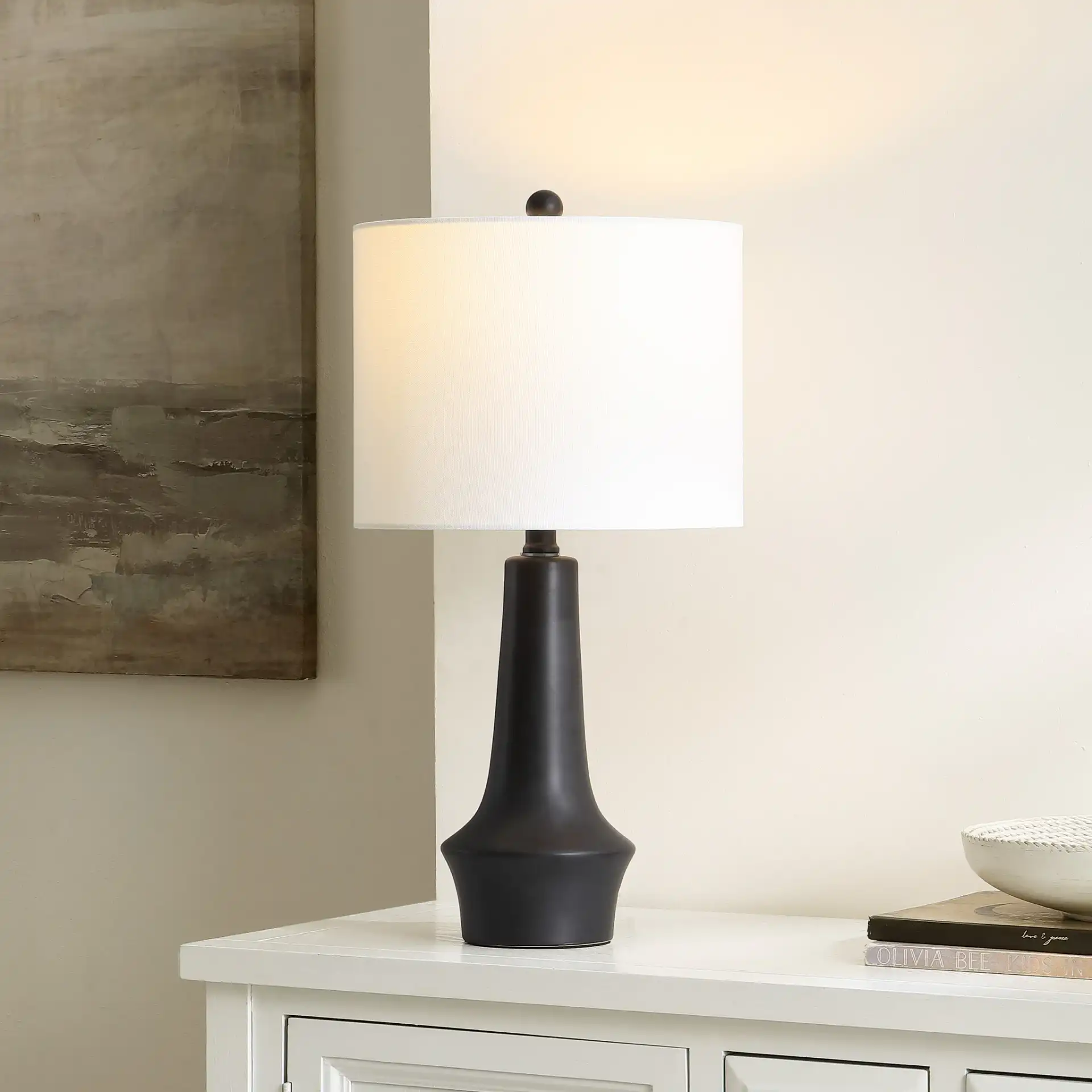Solyn Table Lamp in Black in a styled room