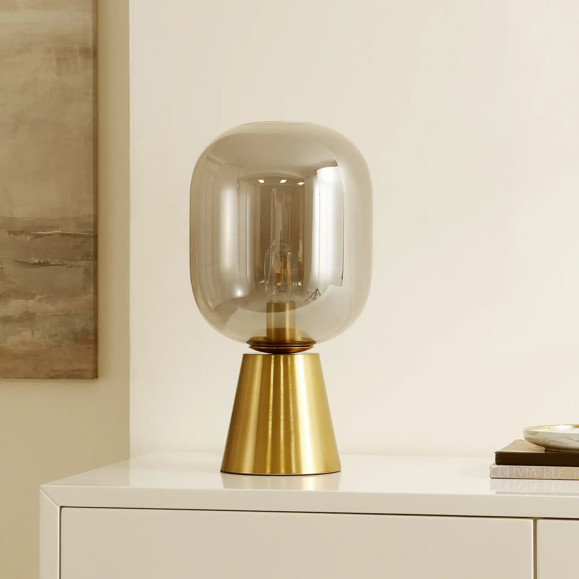 Rain Table Lamp in Smoke Gray / Brass in a styled room