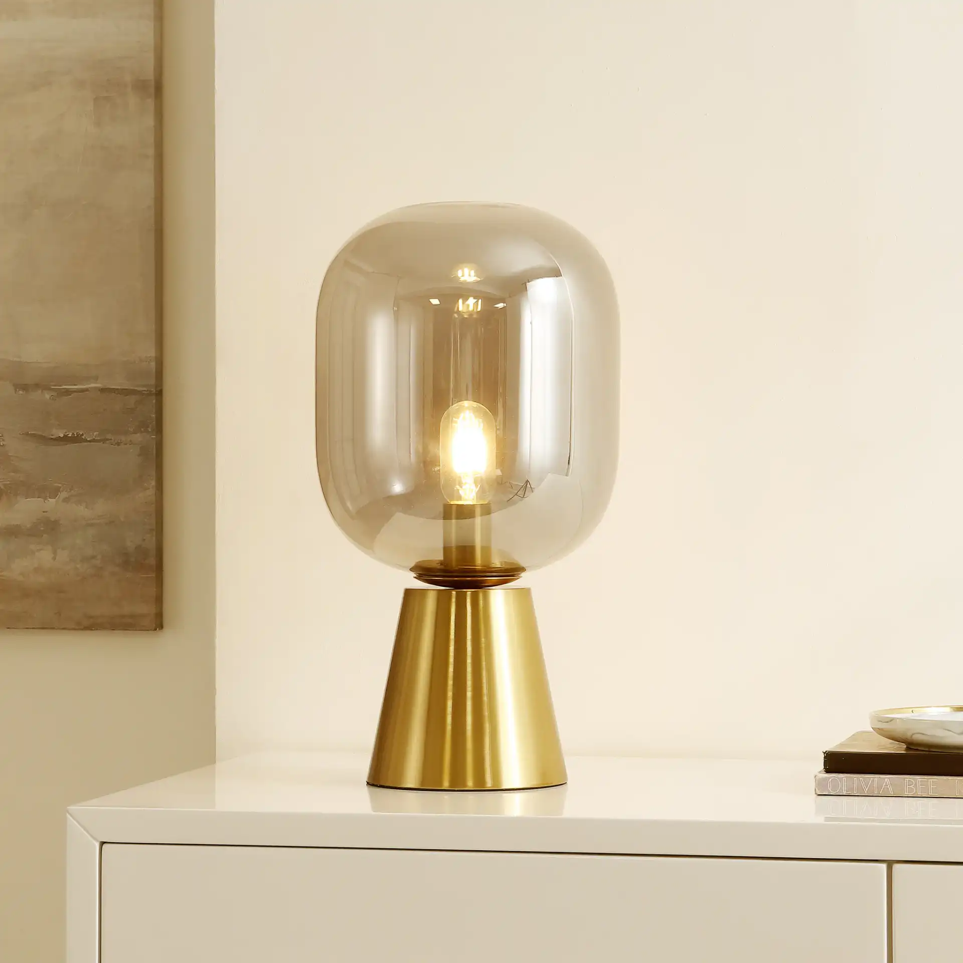 Rain Table Lamp in Smoke Gray / Brass in a styled room