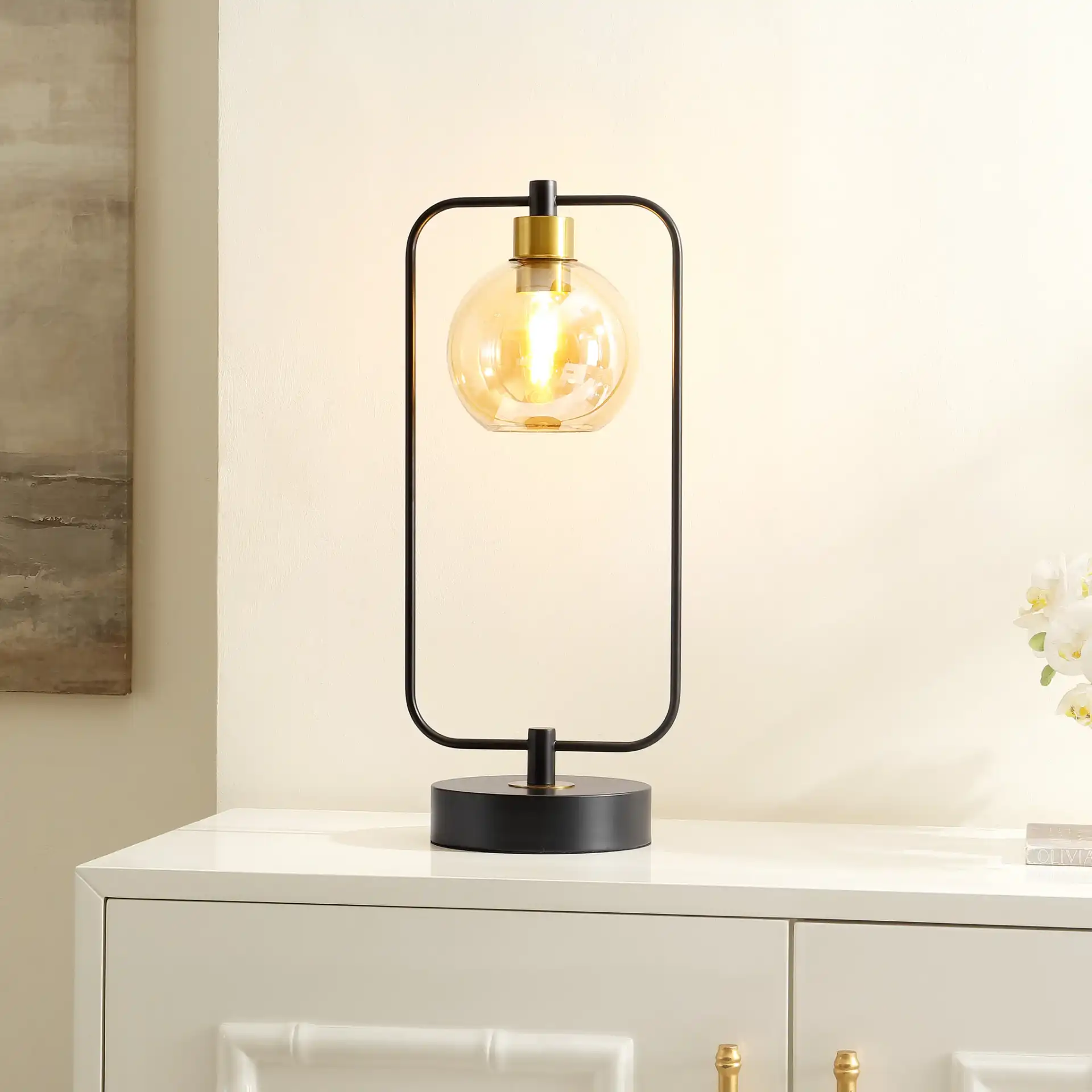Jayson Table Lamp in Black / Amber in a styled room