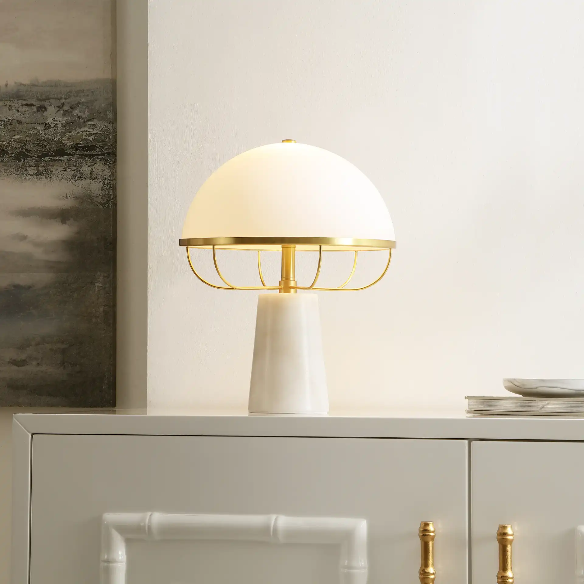 Fraser Table Lamp in White / Brass in a styled room