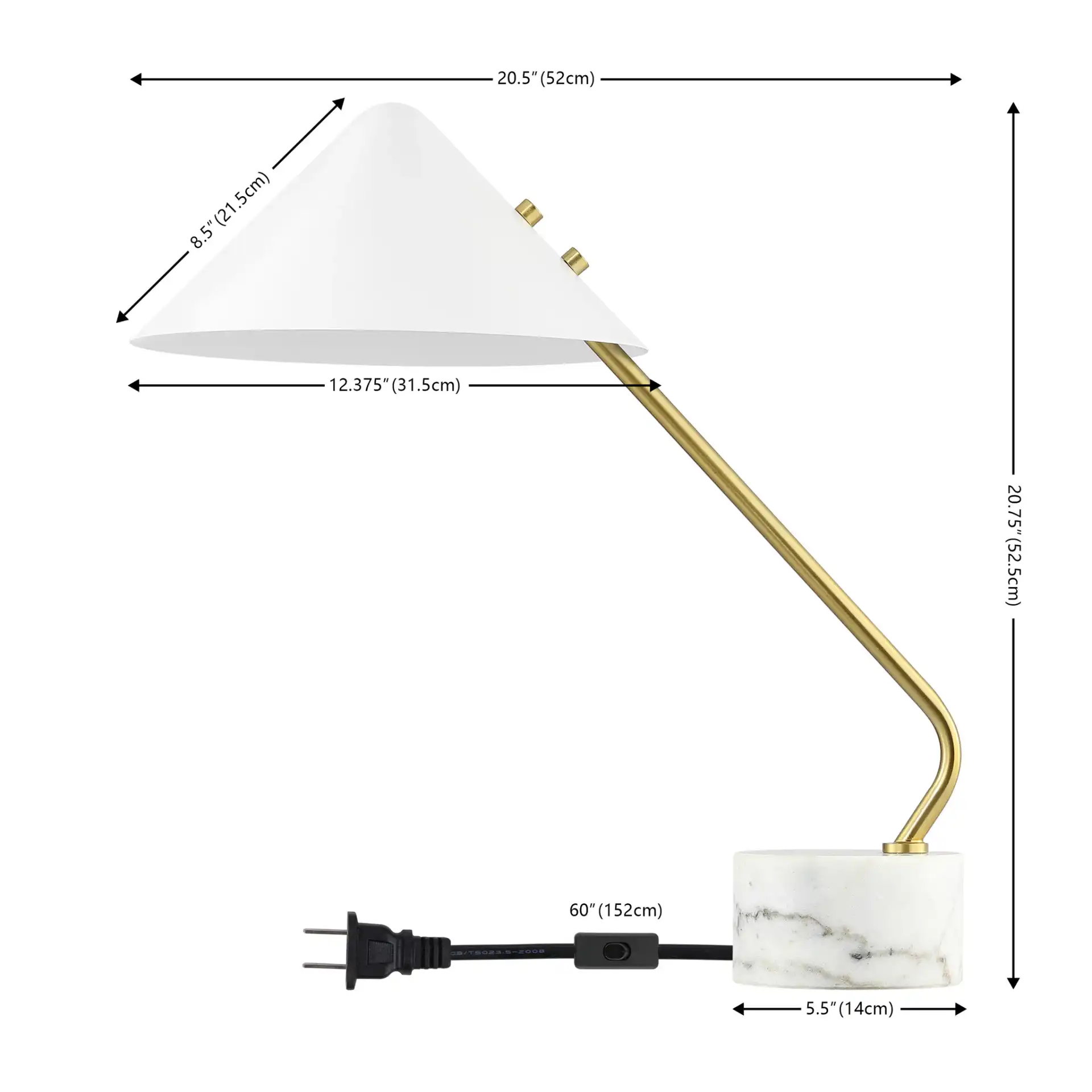 Shields Table Lamp in White / Brass, detail view
