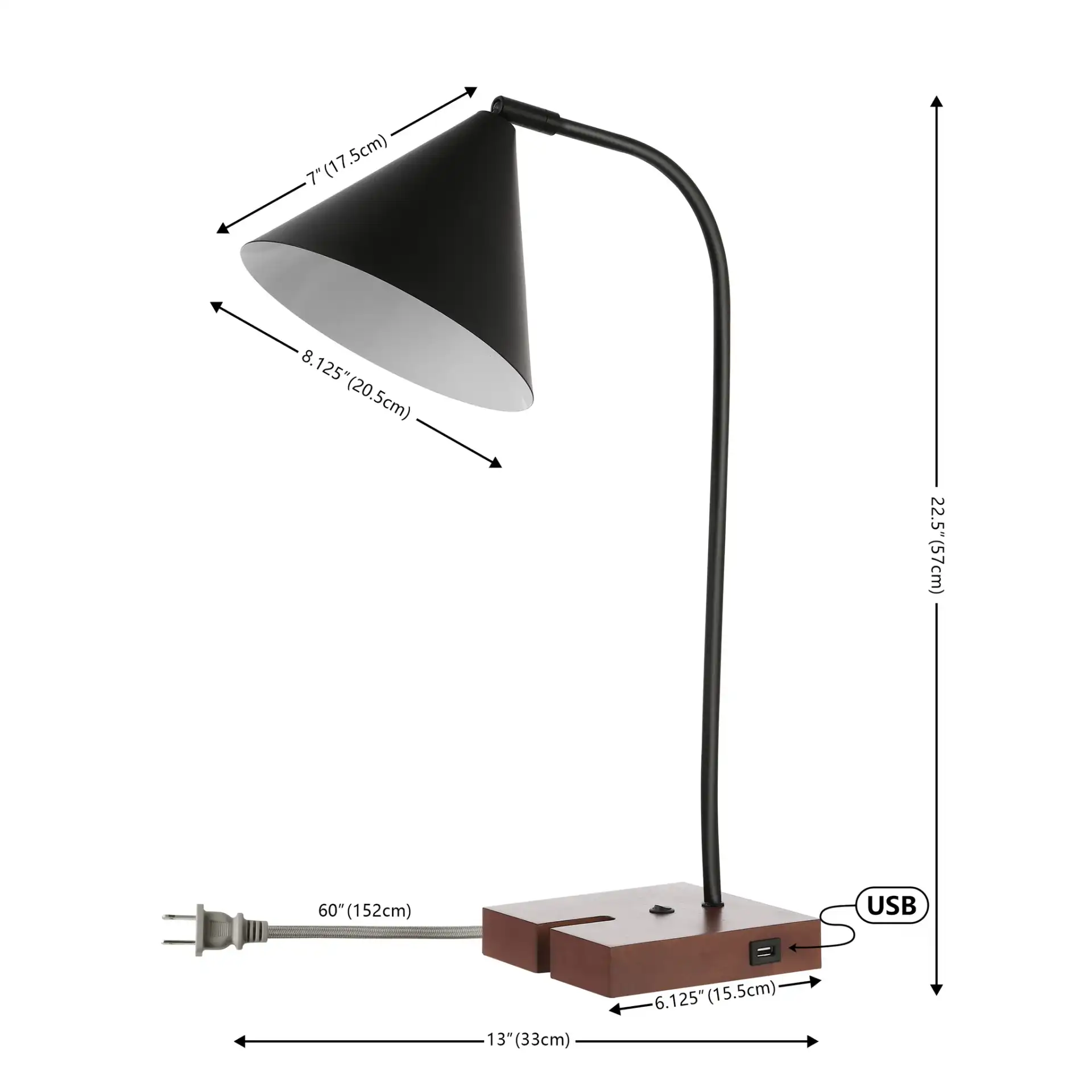 Nuka Table Lamp With Usb Port in Black / Walnut, detail view