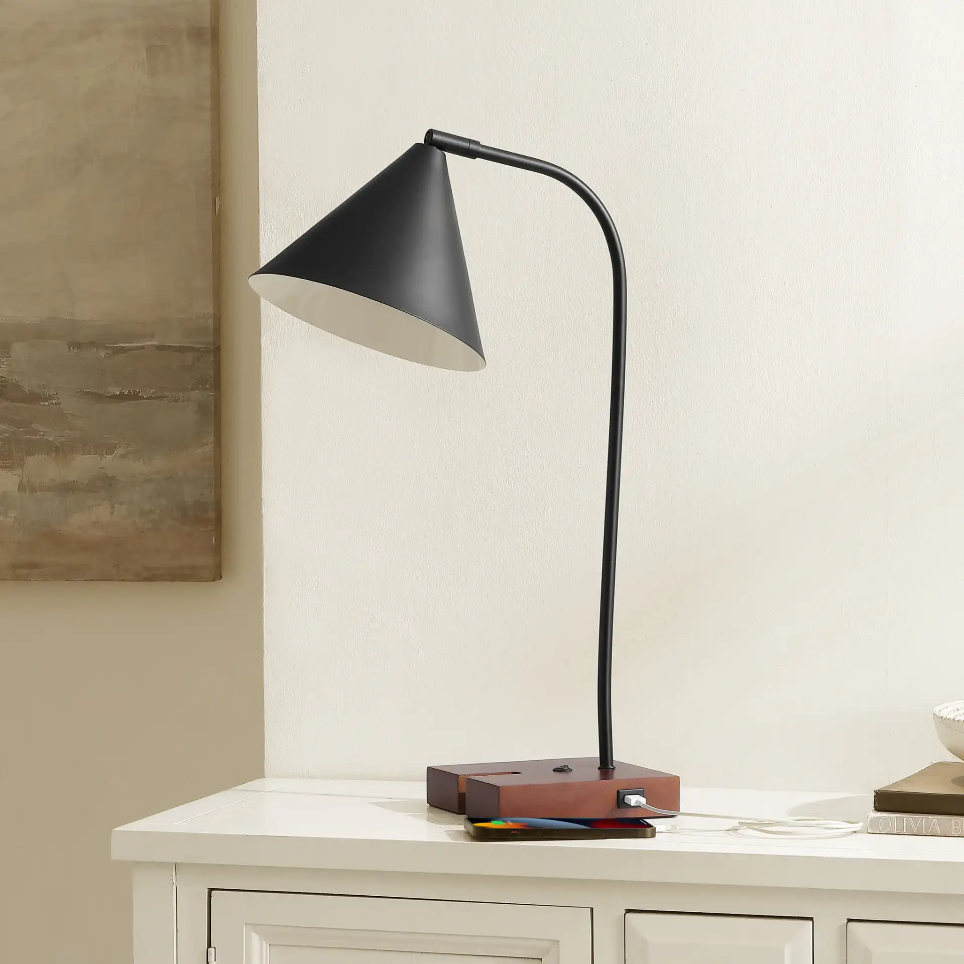 Nuka Table Lamp With Usb Port in Black / Walnut in a styled room