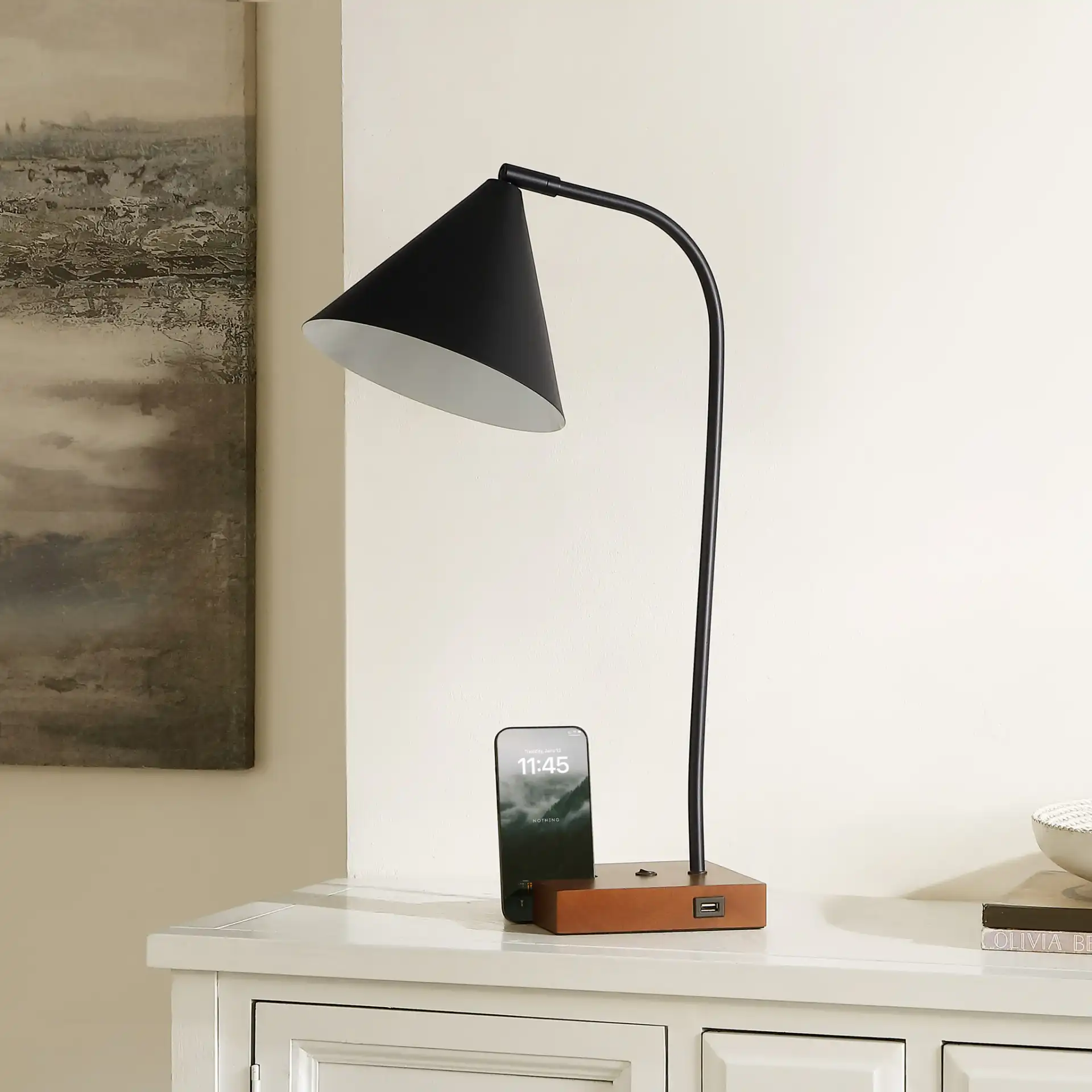 Nuka Table Lamp With Usb Port in Black / Walnut, detail view