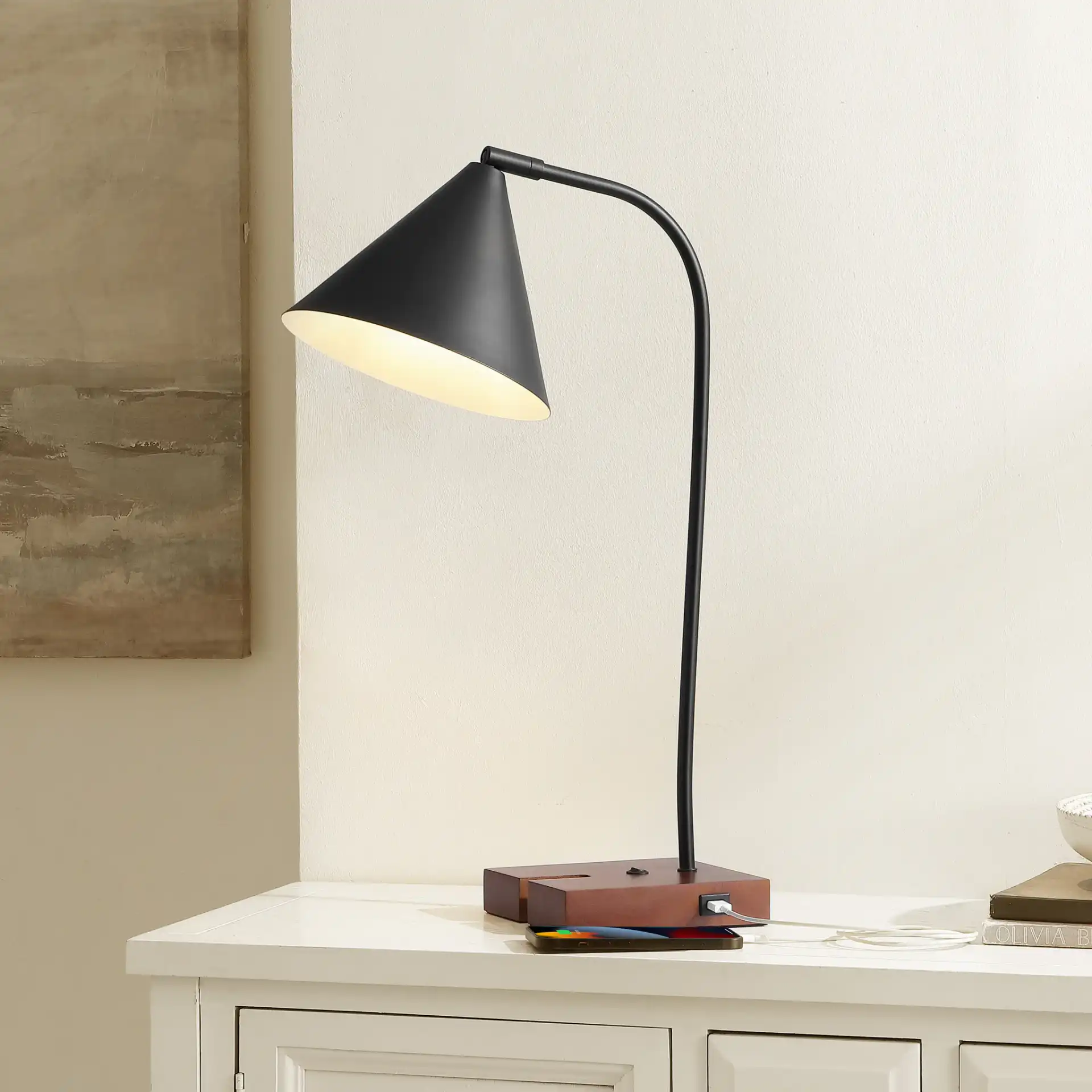 Nuka Table Lamp With Usb Port in Black / Walnut in a styled room