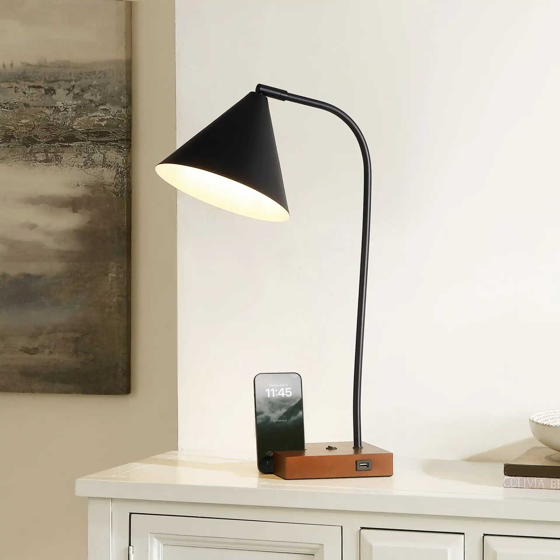 Nuka Table Lamp With Usb Port in Black / Walnut in a styled room