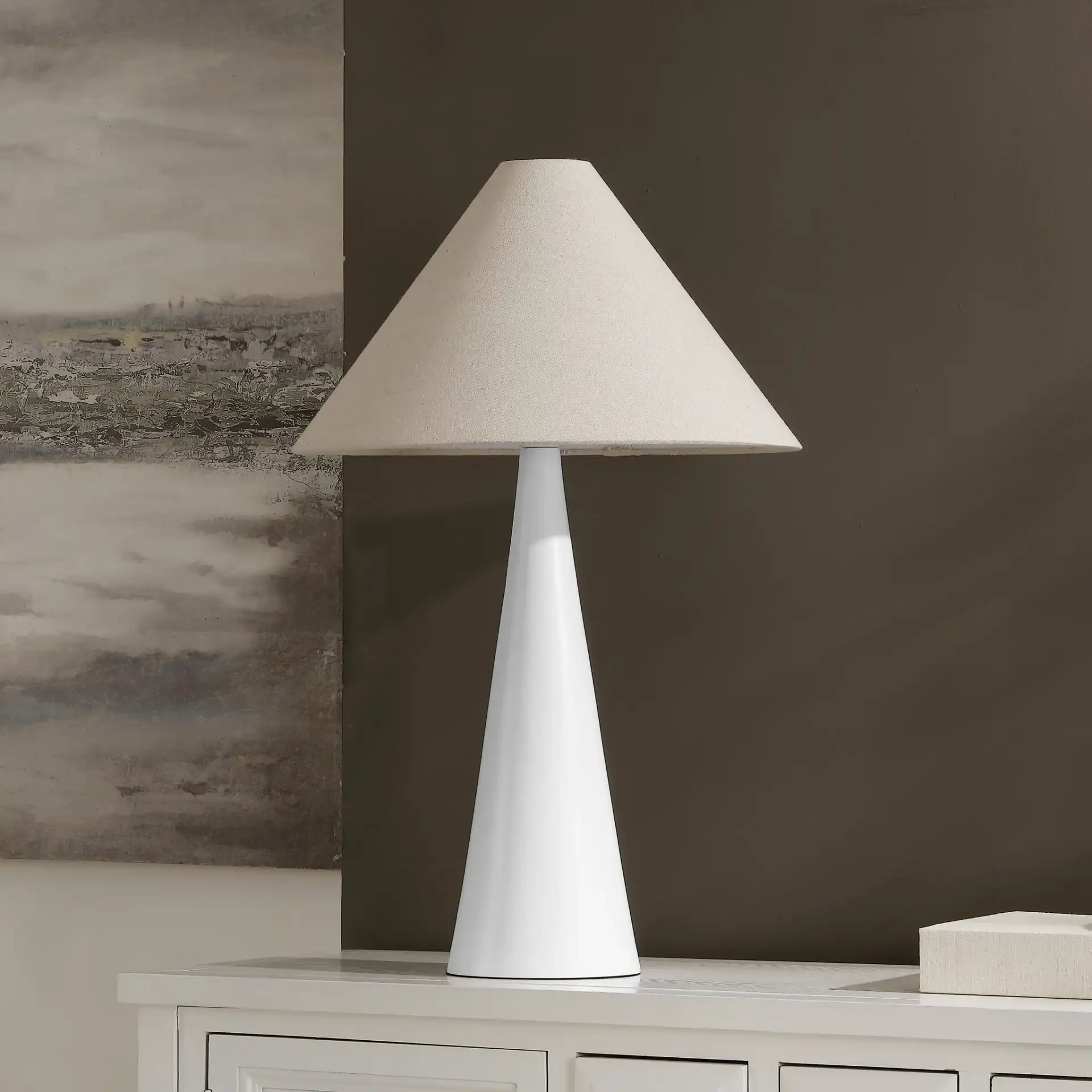 Kimora Table Lamp in White / Oatmeal in a styled room