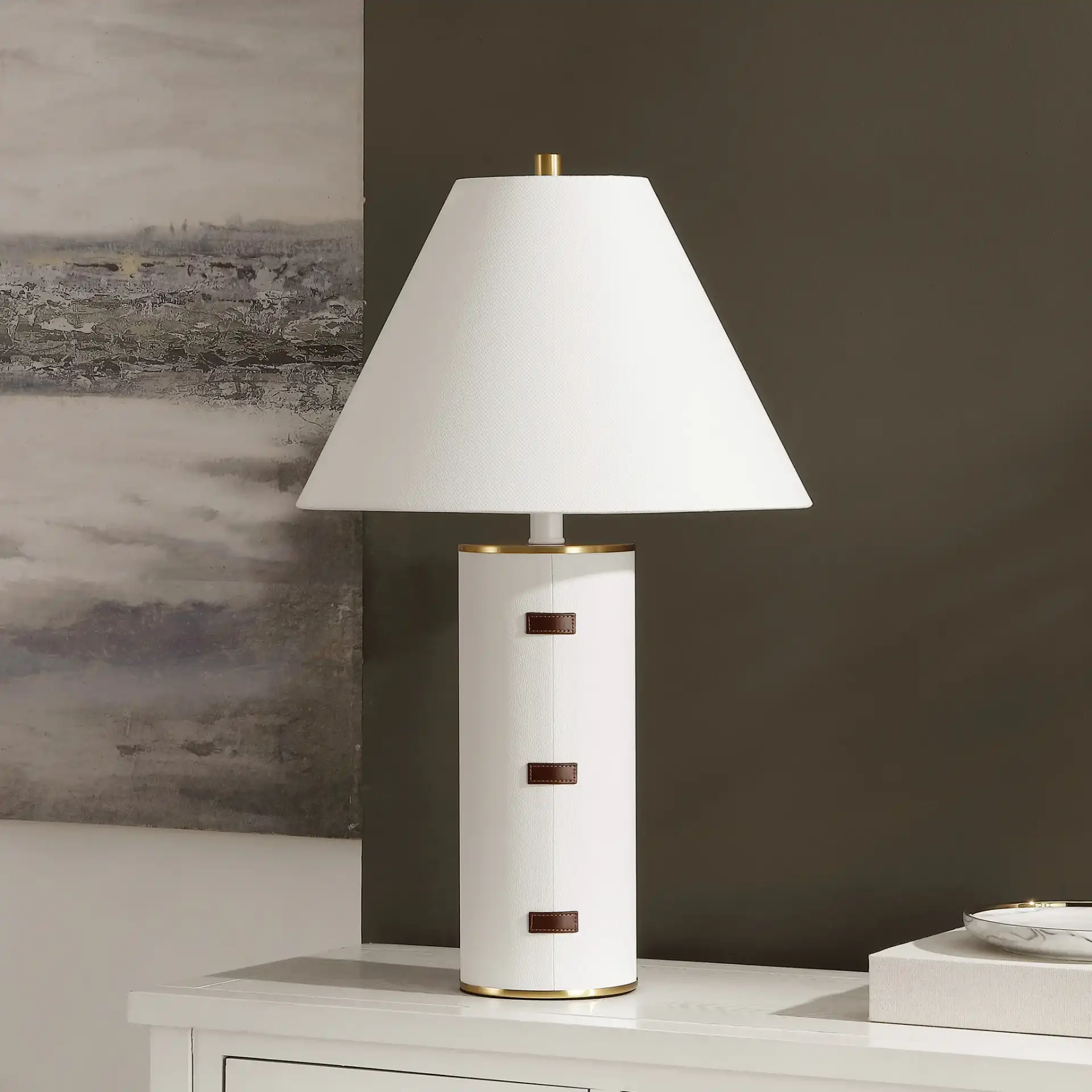 Flavie Table Lamp in White / Gold in a styled room