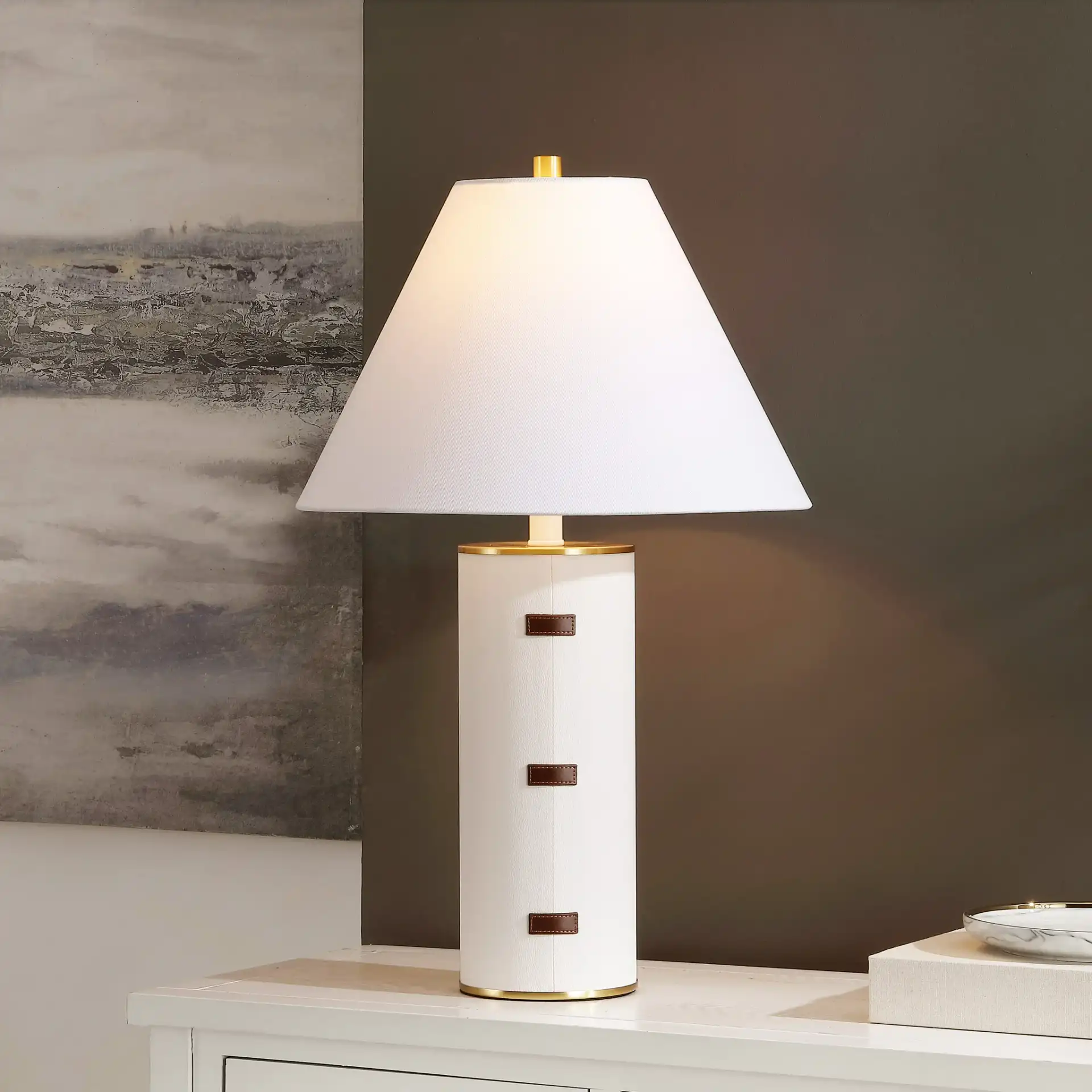 Flavie Table Lamp in White / Gold in a styled room
