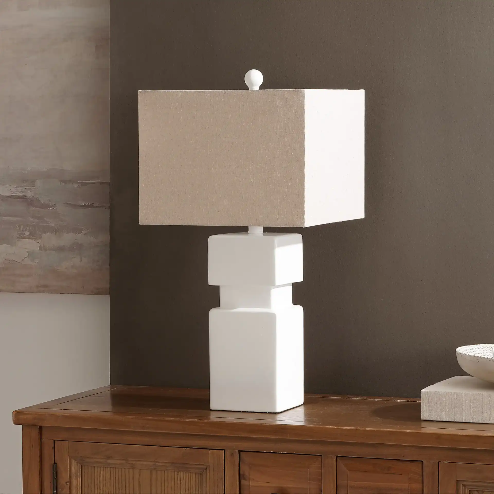 Ardra Table Lamp in White in a styled room