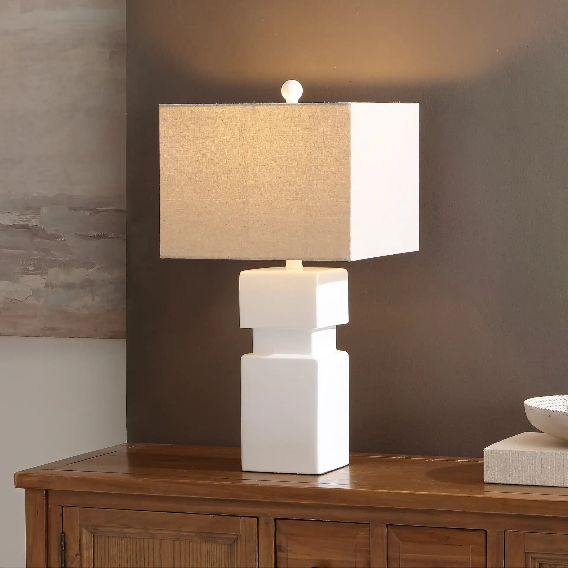 Ardra Table Lamp in White in a styled room