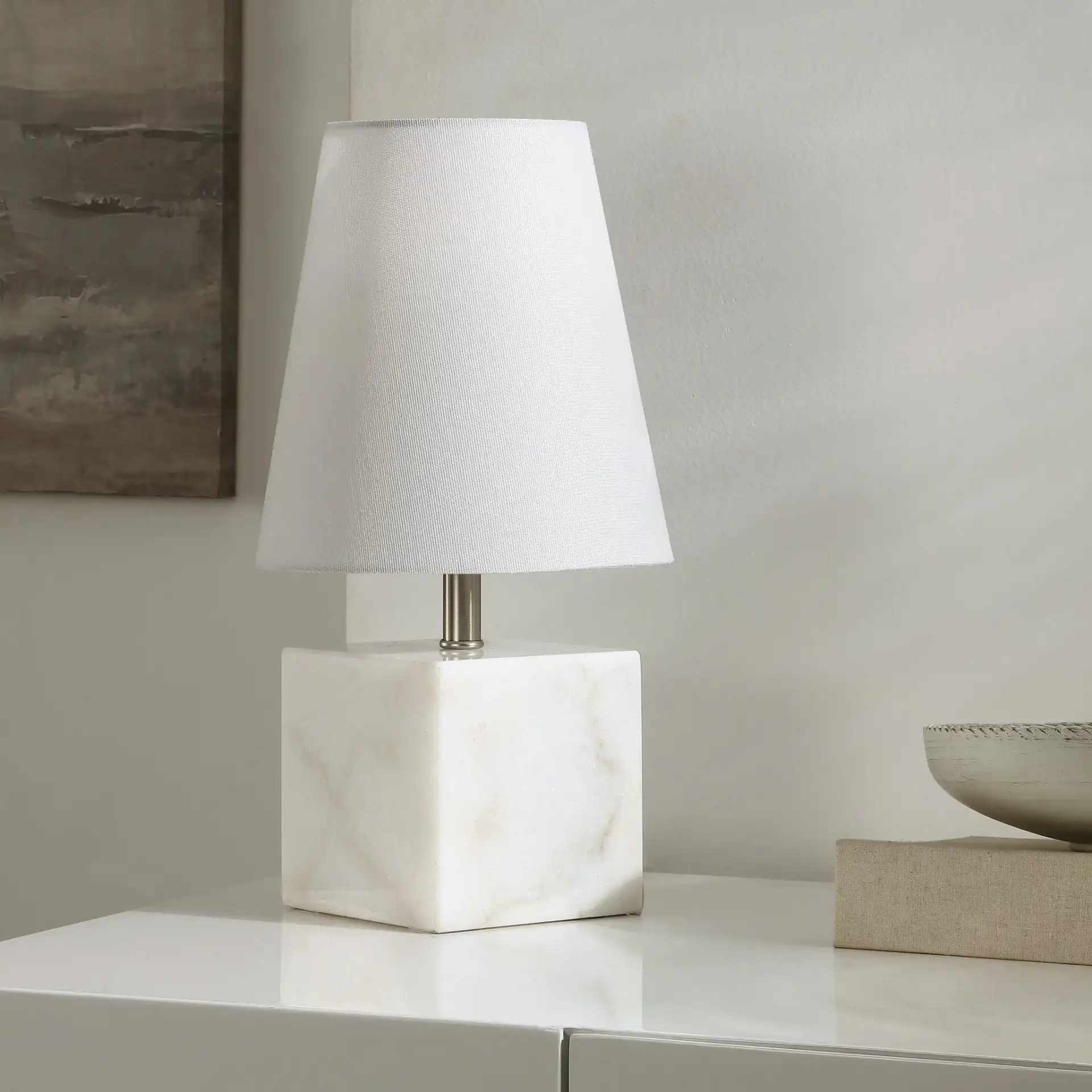 Lou Table Lamp in White / Nickel in a styled room