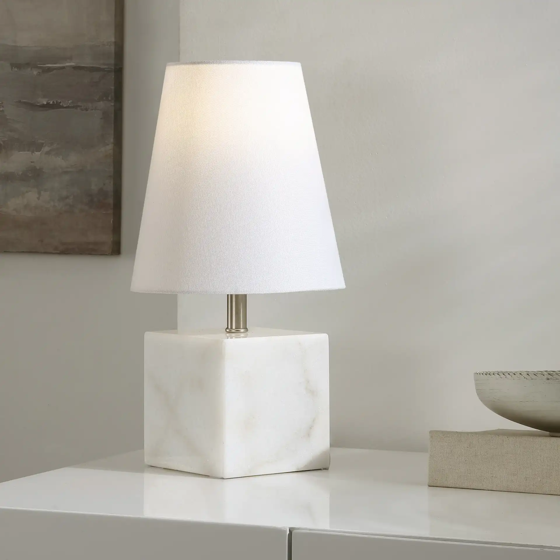 Lou Table Lamp in White / Nickel in a styled room