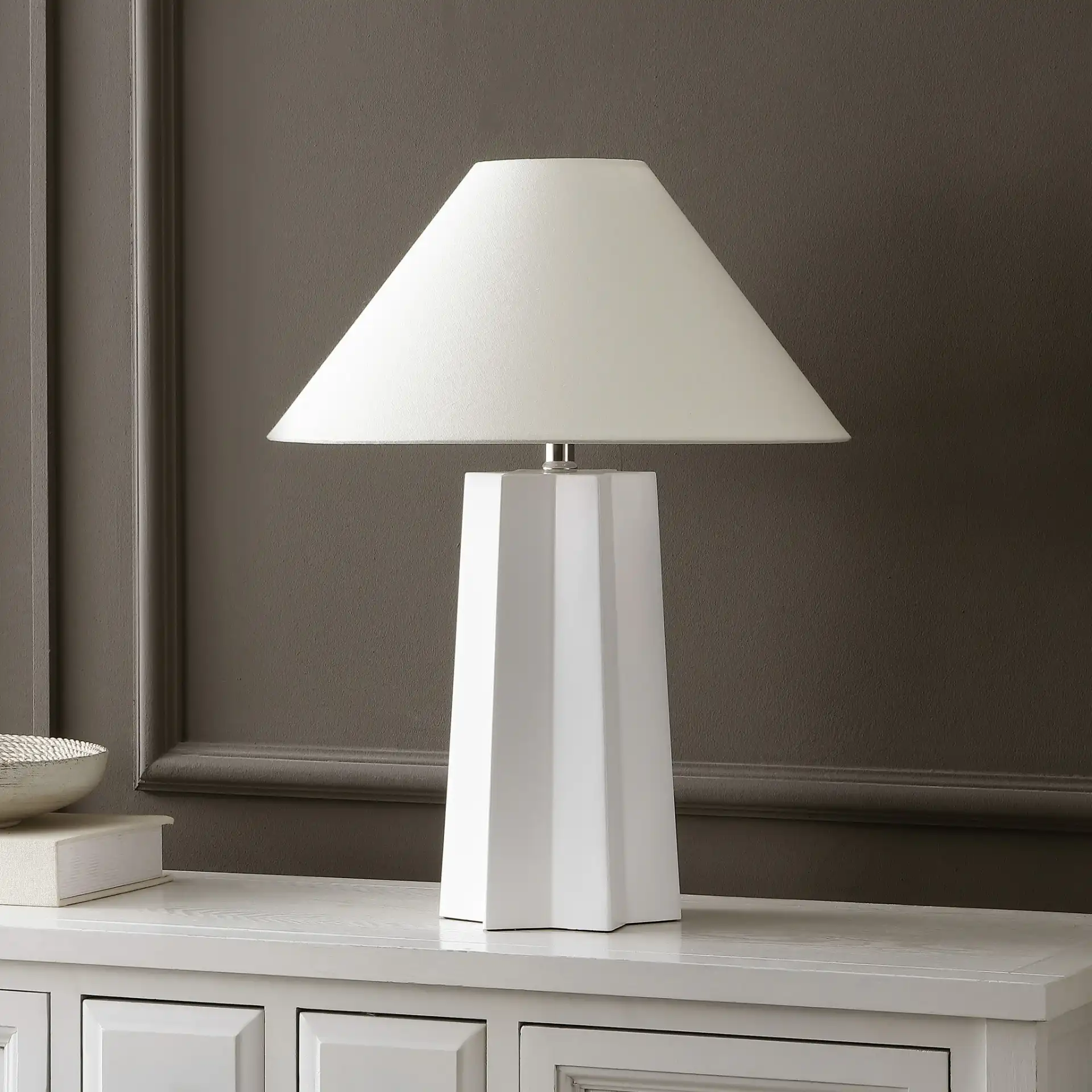 Symone Table Lamp in White in a styled room