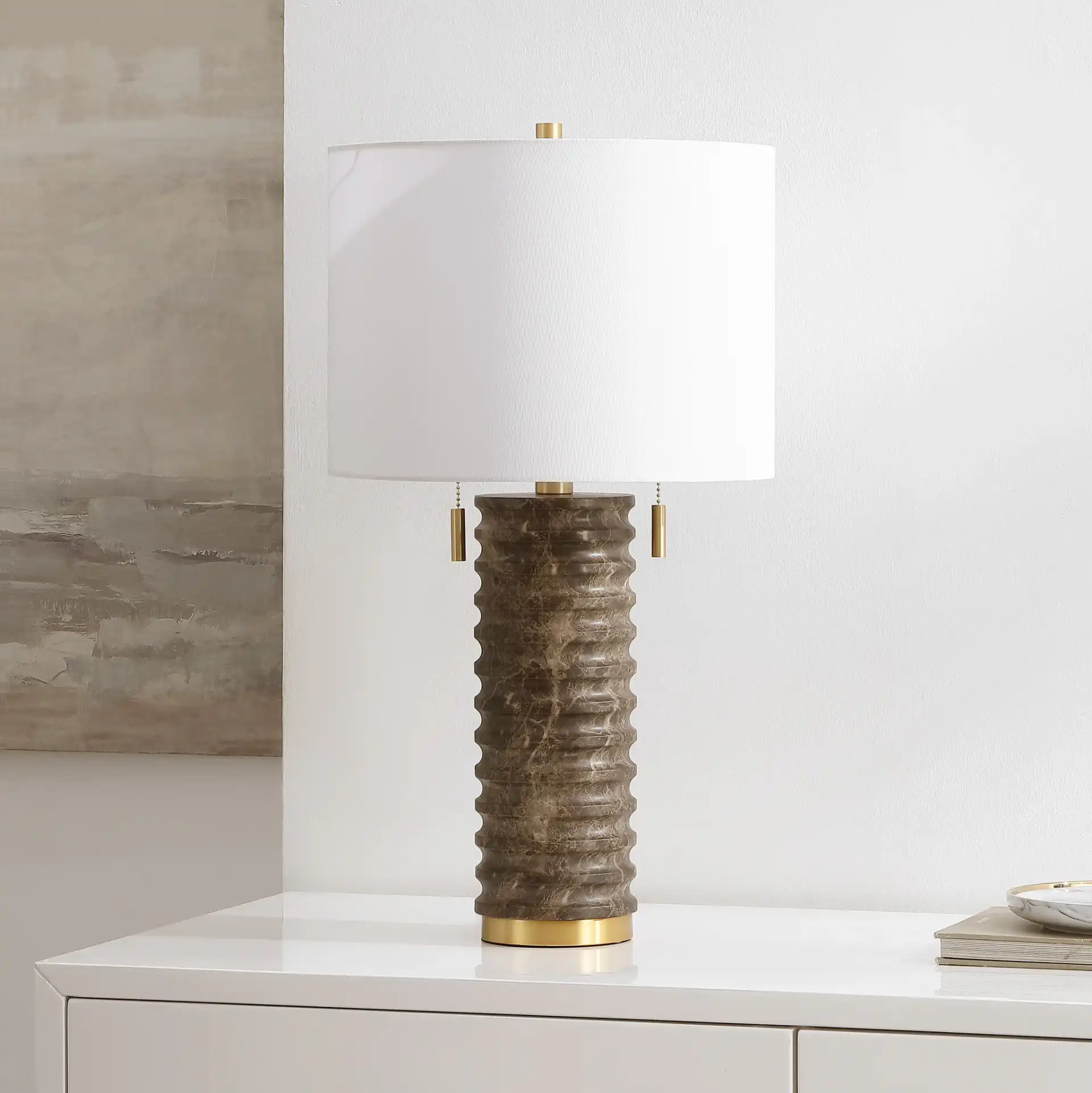 Tova Table Lamp in Dark Gray in a styled room