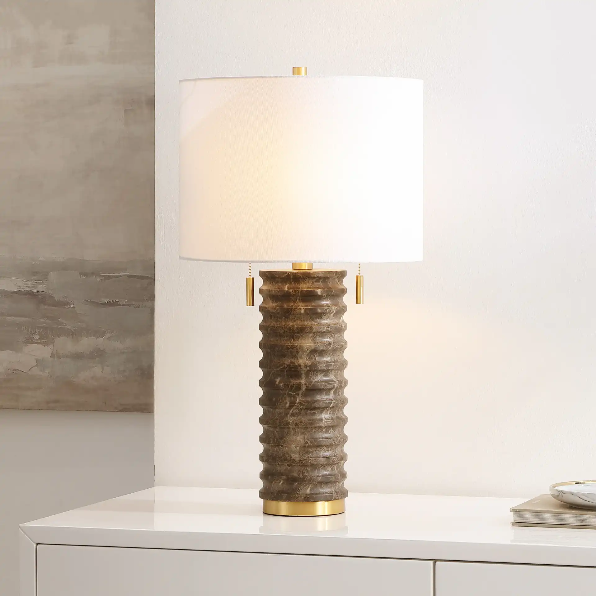 Tova Table Lamp in Dark Gray in a styled room
