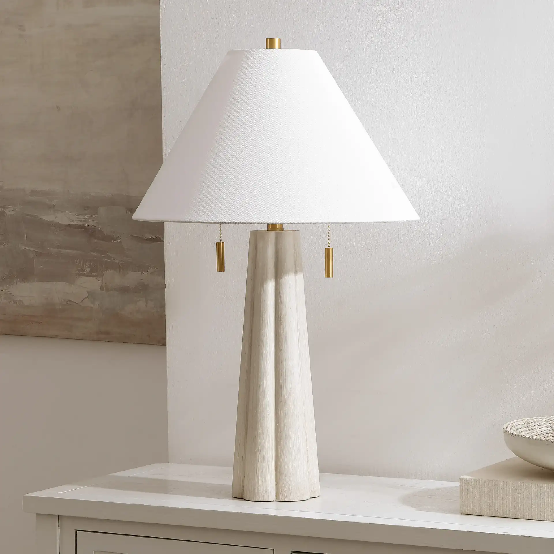 Irena Table Lamp in White Washed / Gold in a styled room