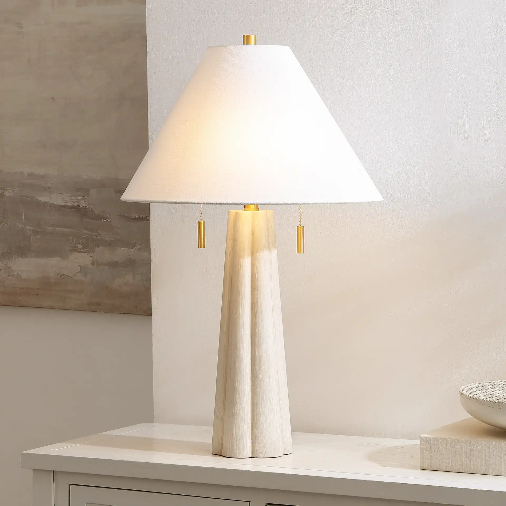 Irena Table Lamp in White Washed / Gold in a styled room