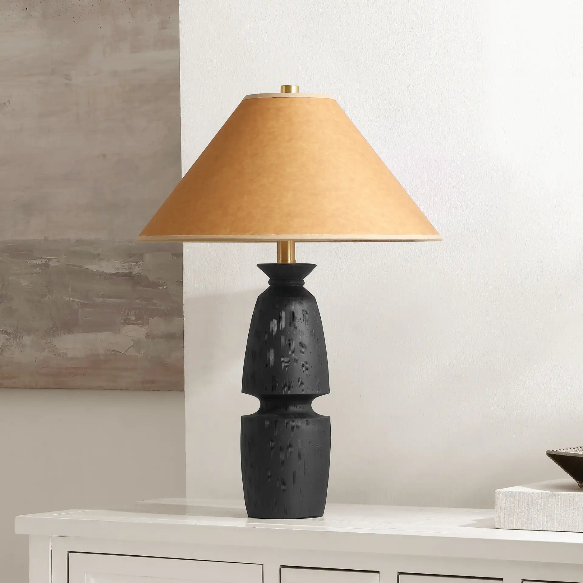 Sola Table Lamp in Black / Camel in a styled room