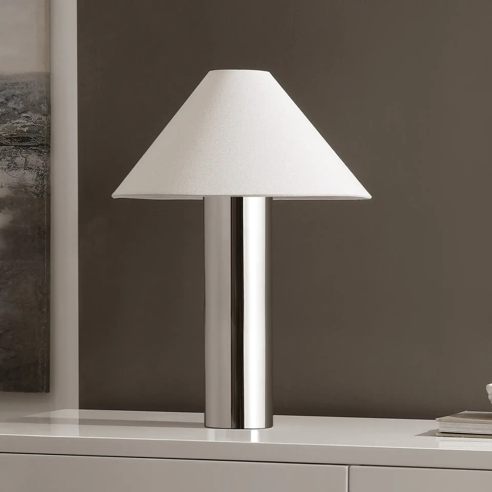 Cheri Table Lamp in Chrome / White in a styled room