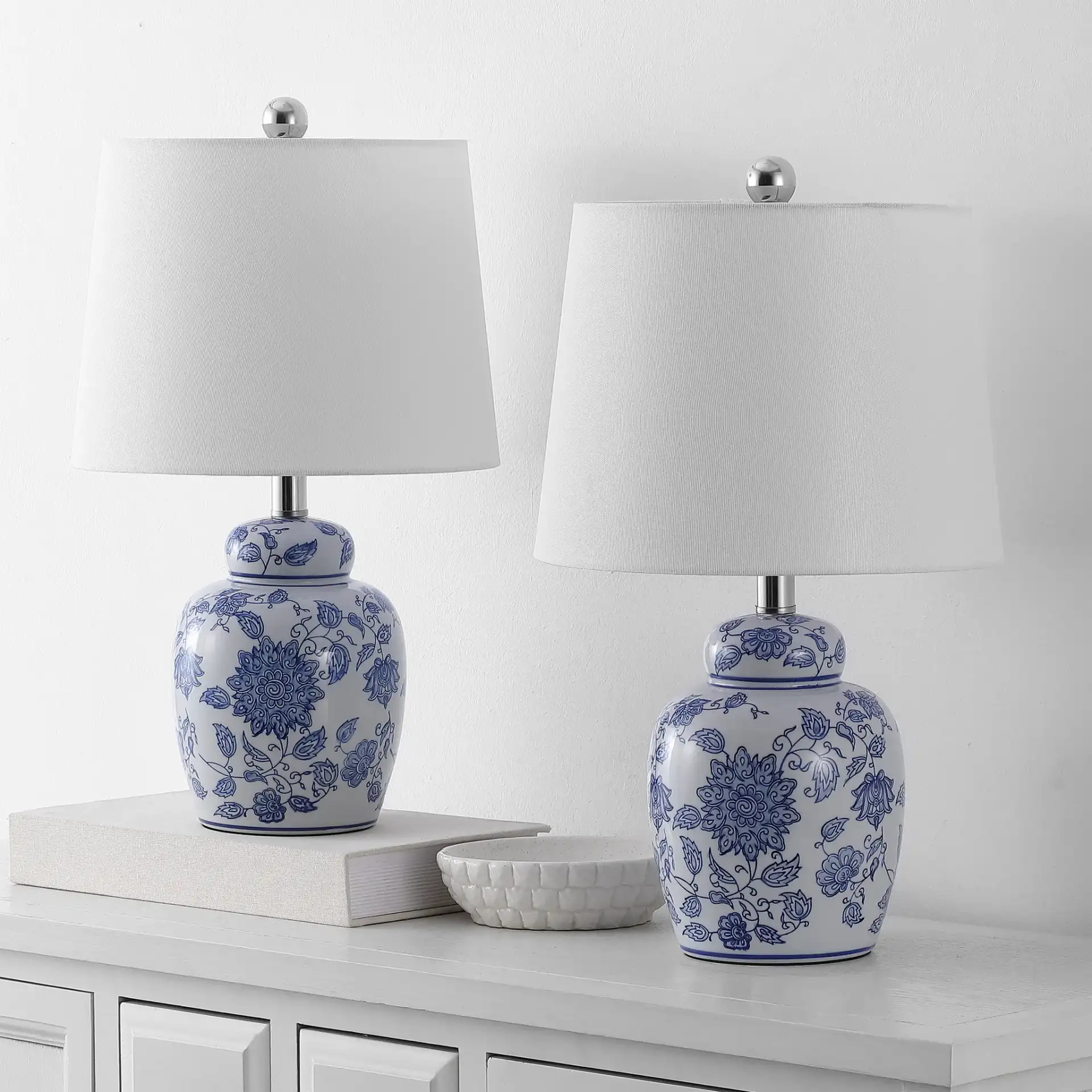 Sandra Table Lamp (Set Of 2) in White / Blue in a styled room