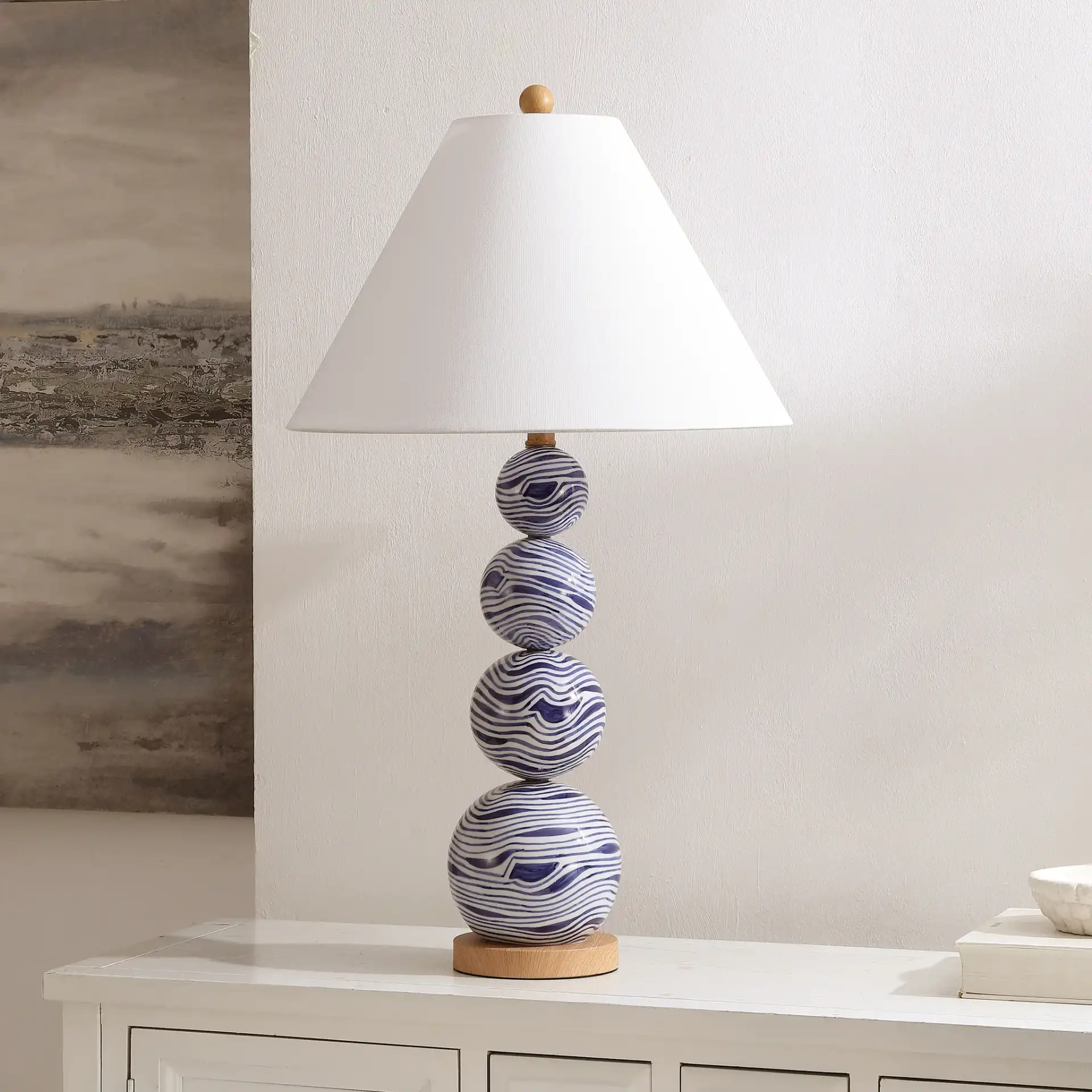Juniper Table Lamp in White / Blue in a styled room