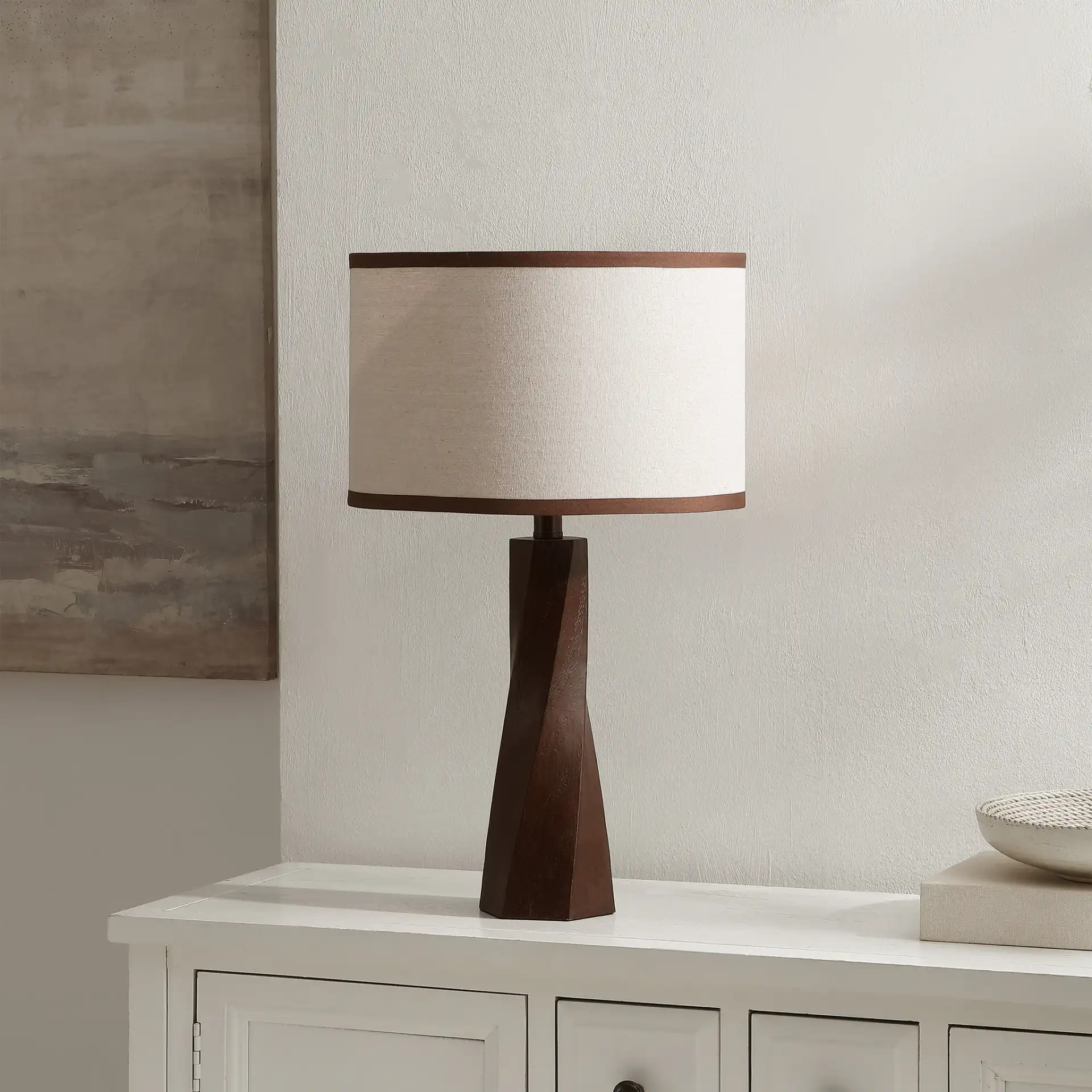 Enza Table Lamp in Walnut in a styled room