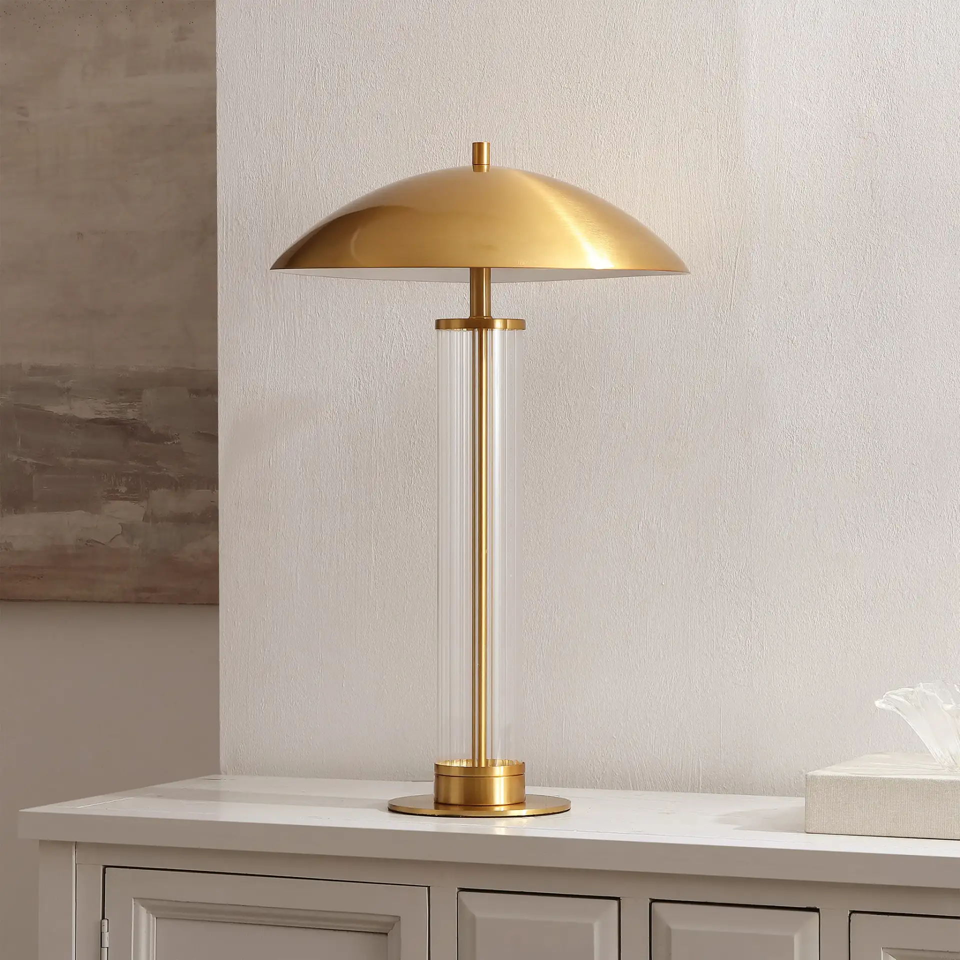Tylar Table Lamp in Brass / Clear in a styled room