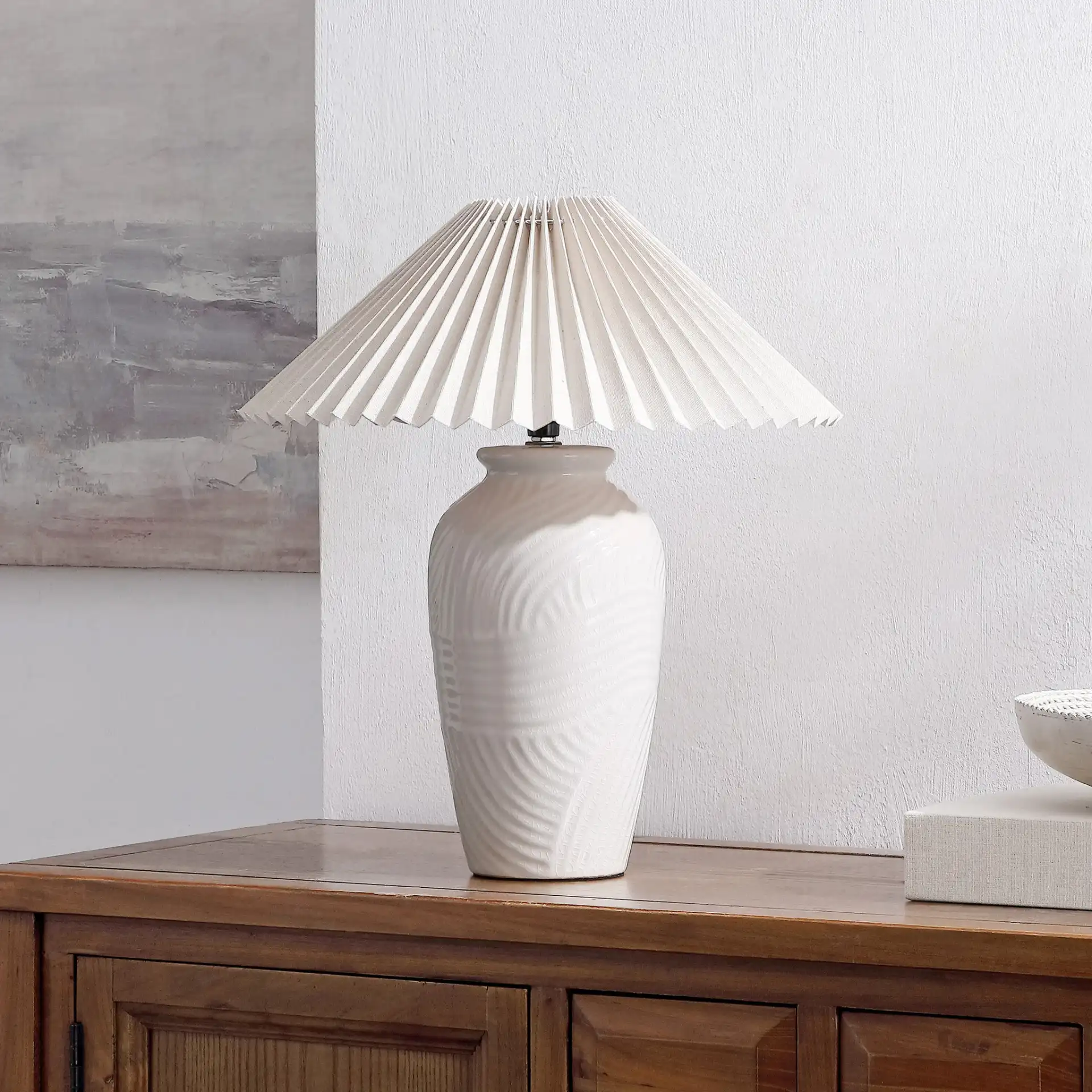 Amelia Table Lamp in White in a styled room