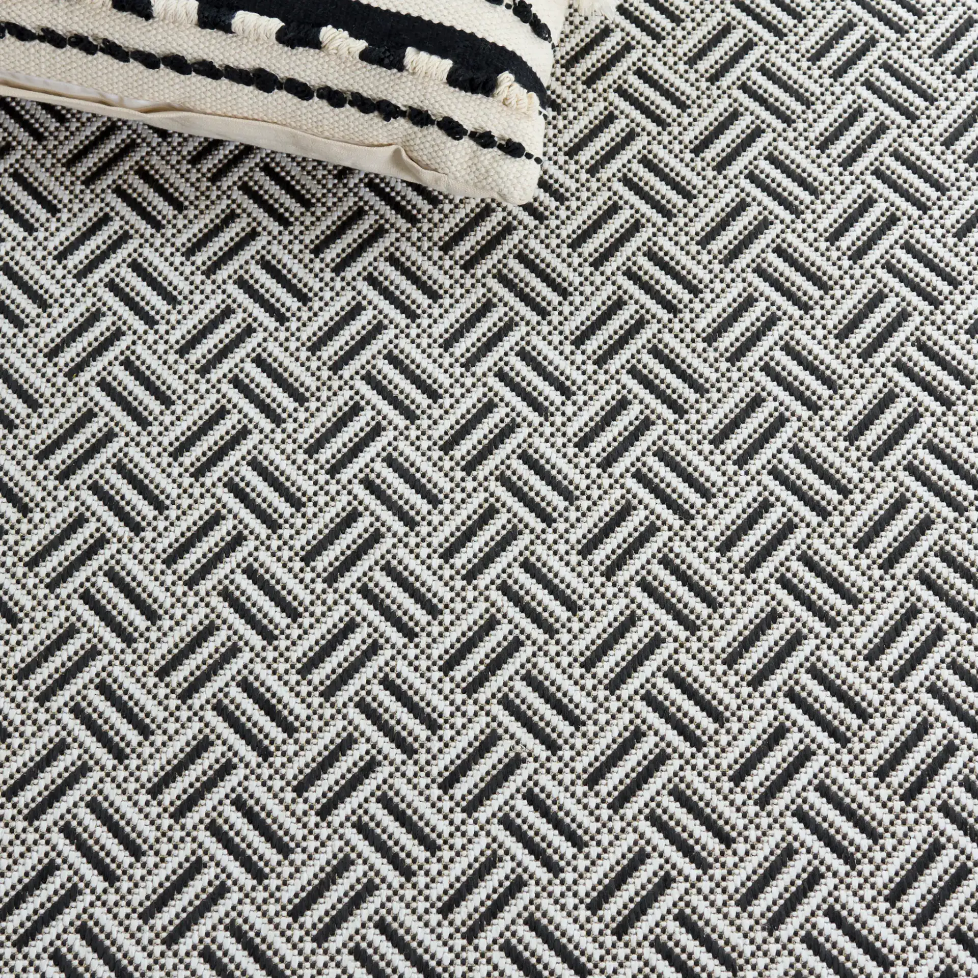 Terrace Basketweave Border Outdoor Rug in Black / White in a styled room