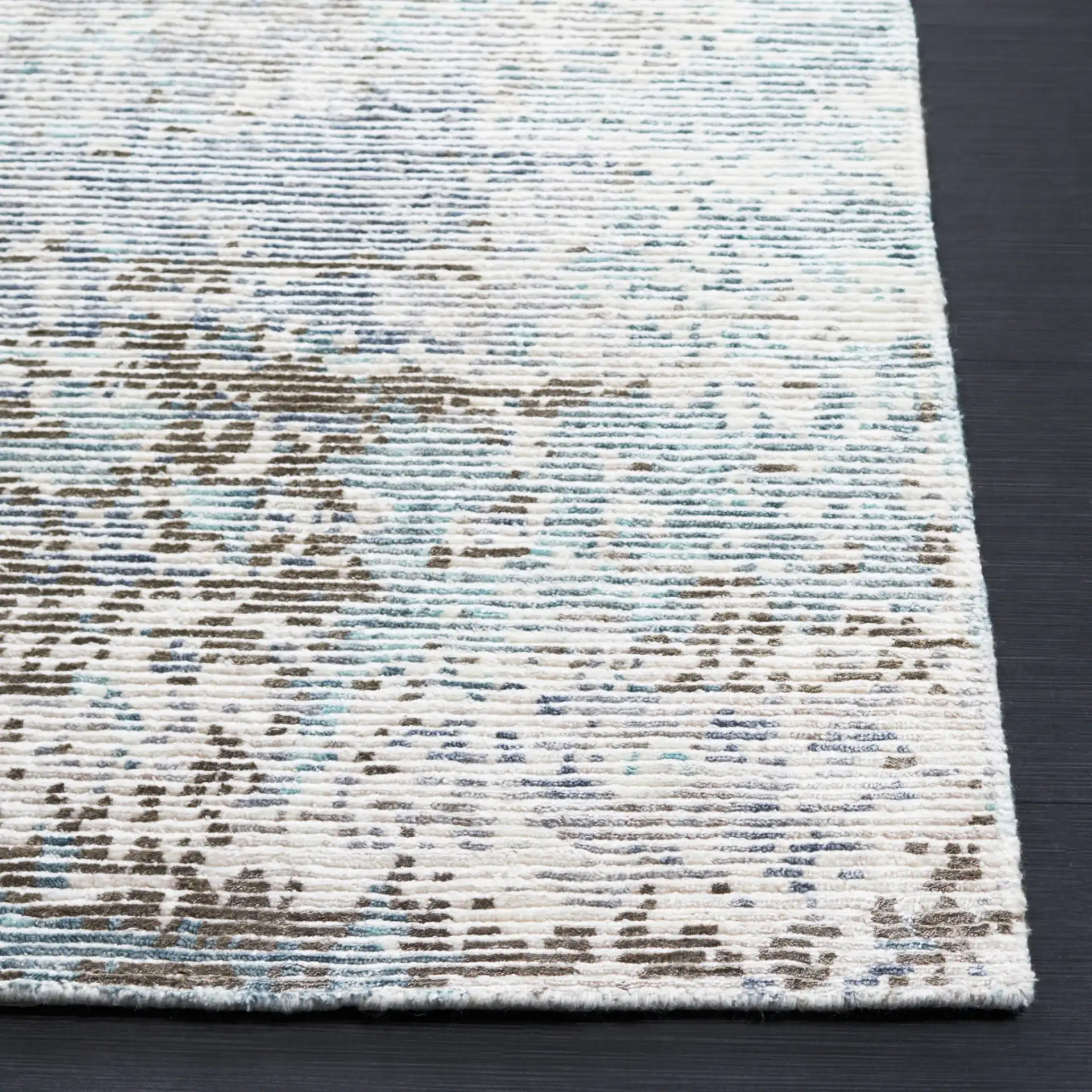 Tiffany Striated Abstract Hand-Knotted Rug in Silver / Blue in a styled room