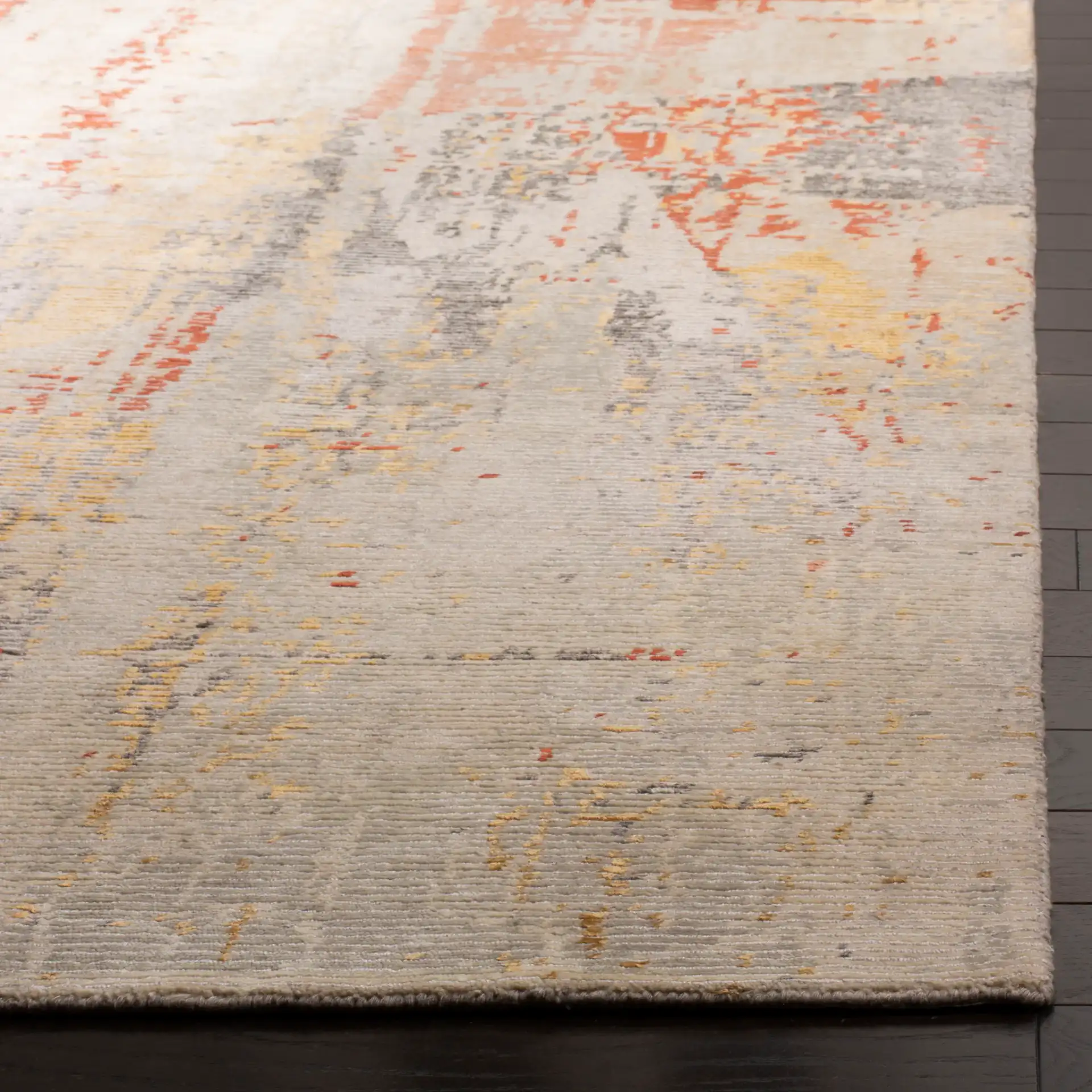 Tiffany Distressed Abstract Hand-Knotted Rug in Beige / Rust in a styled room