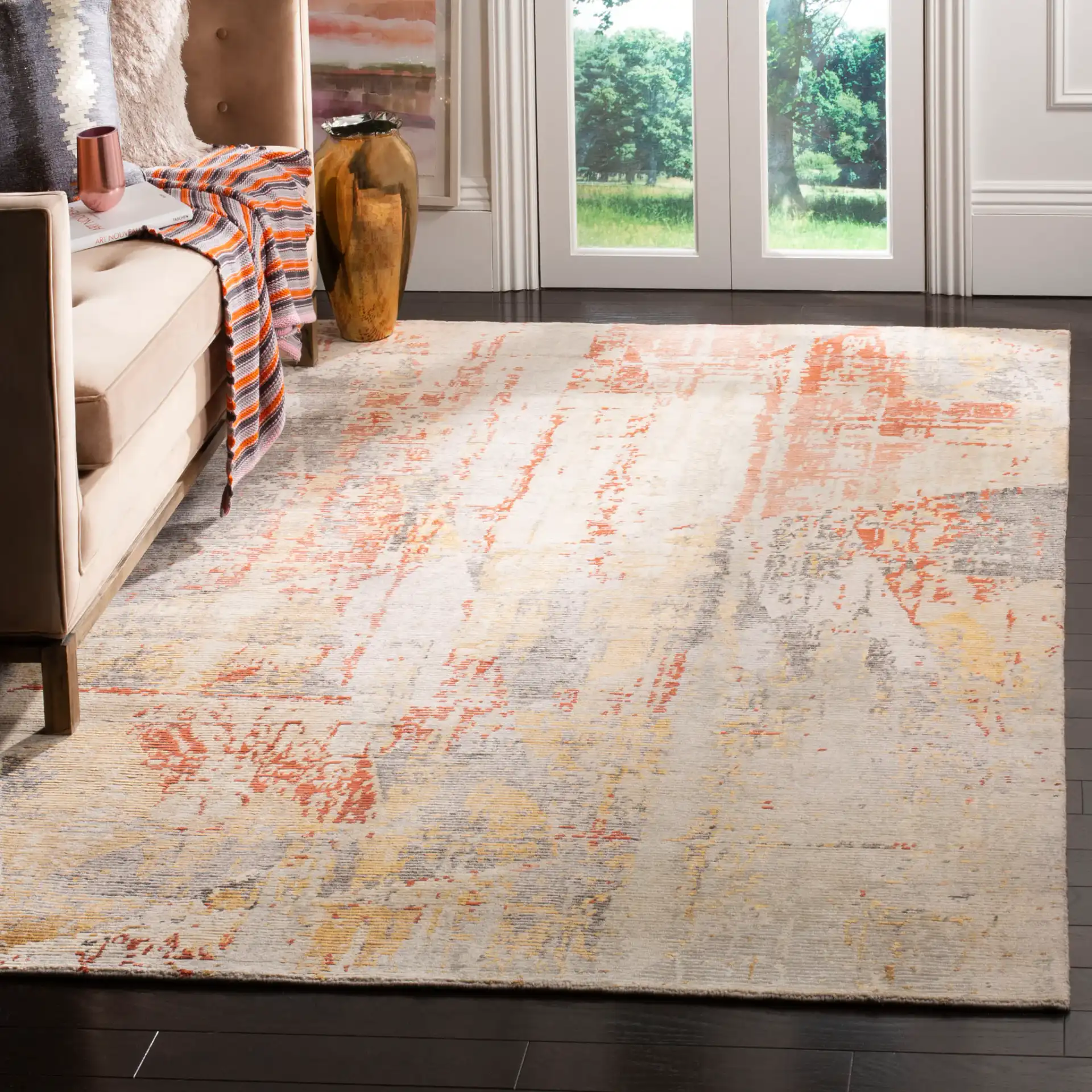Tiffany Distressed Abstract Hand-Knotted Rug in Beige / Rust in a styled room