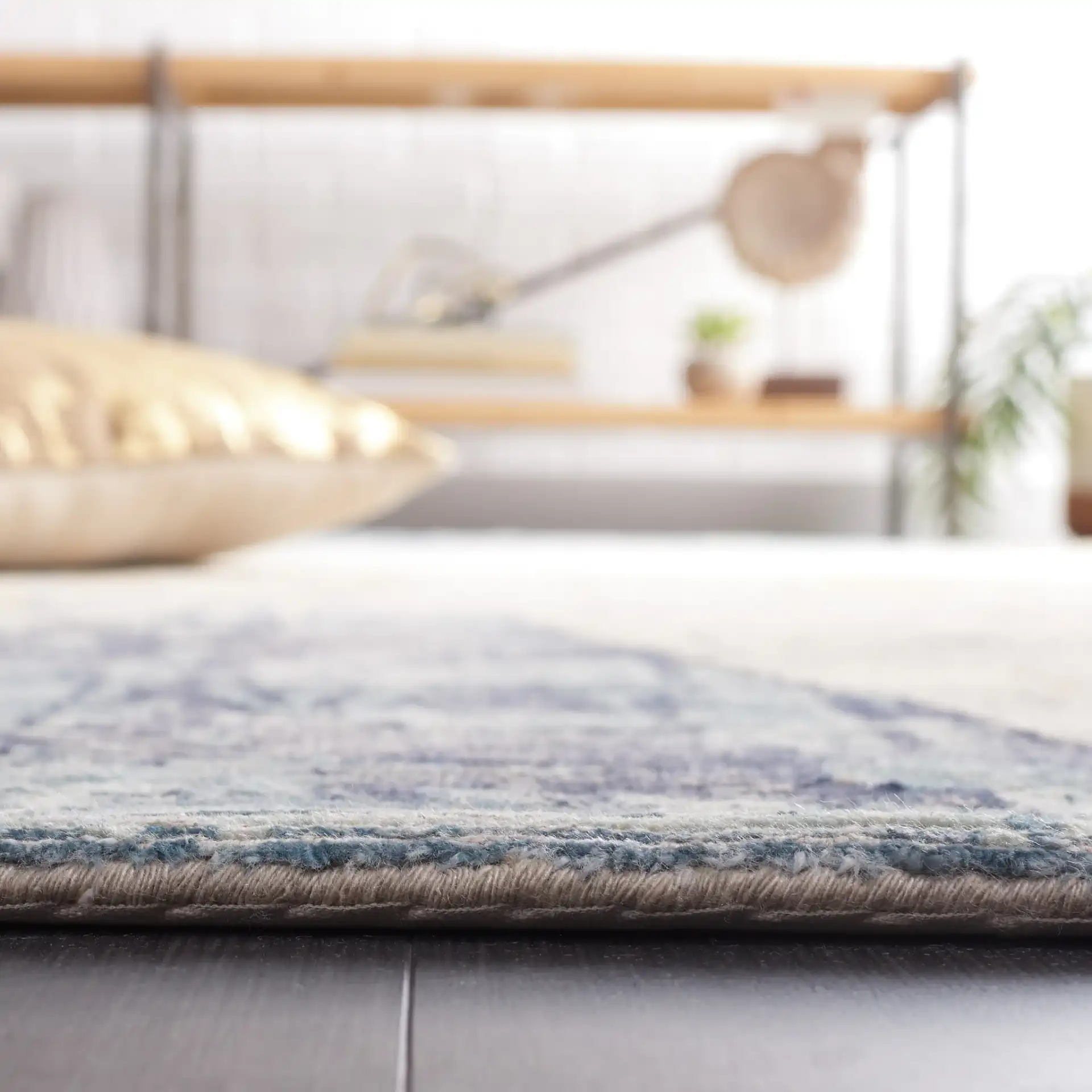 Tiffany Painterly Abstract Hand-Knotted Rug in Navy / Gold in a styled room