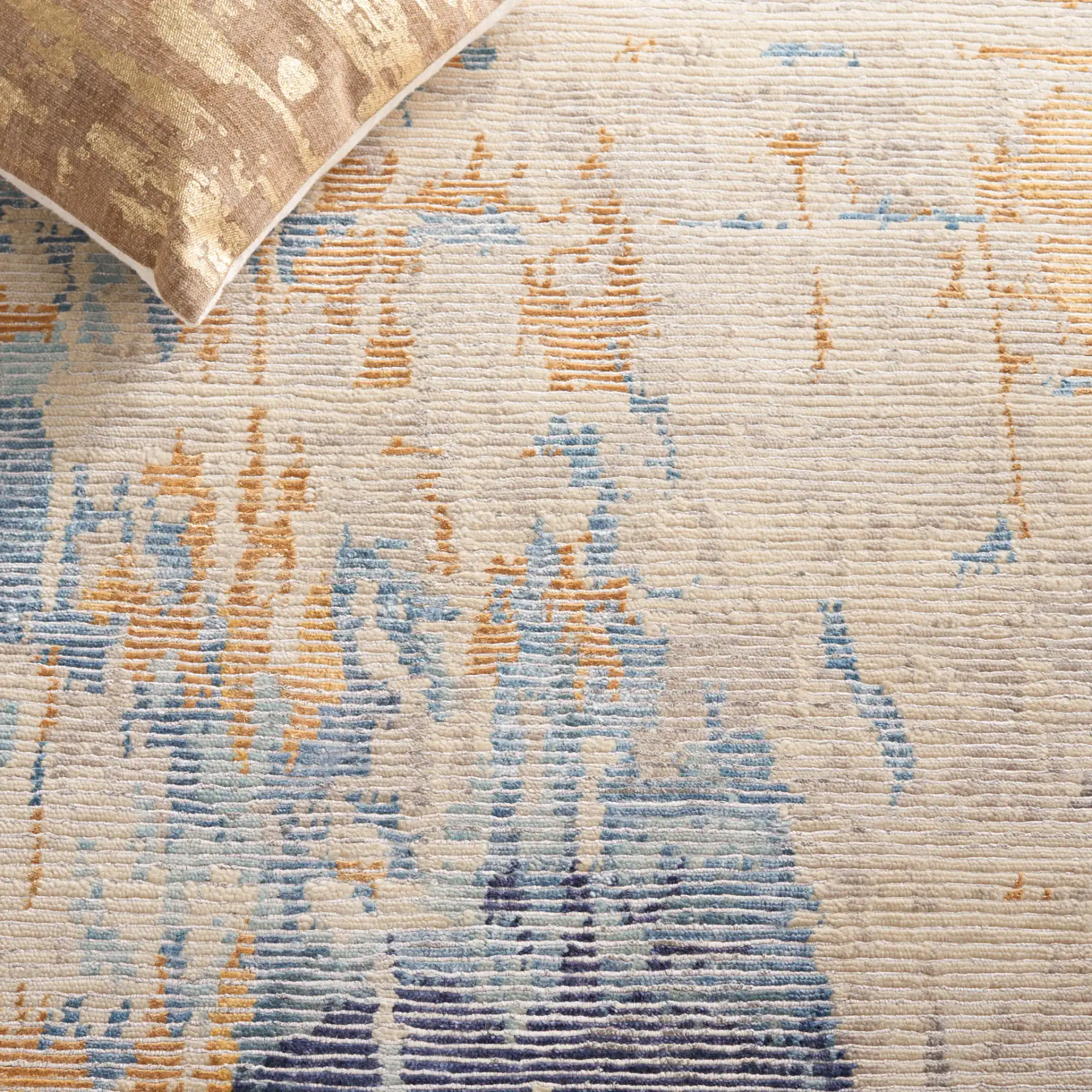 Tiffany Painterly Abstract Hand-Knotted Rug in Navy / Gold in a styled room