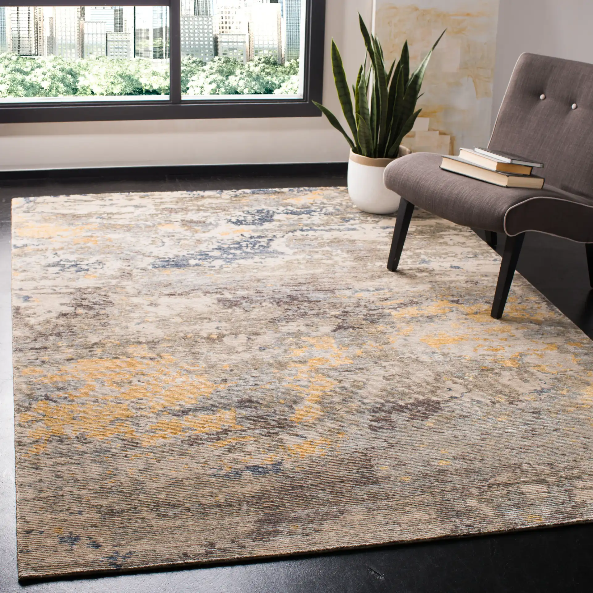 Tiffany Weathered Abstract Hand-Knotted Rug in Gray / Gold in a styled room
