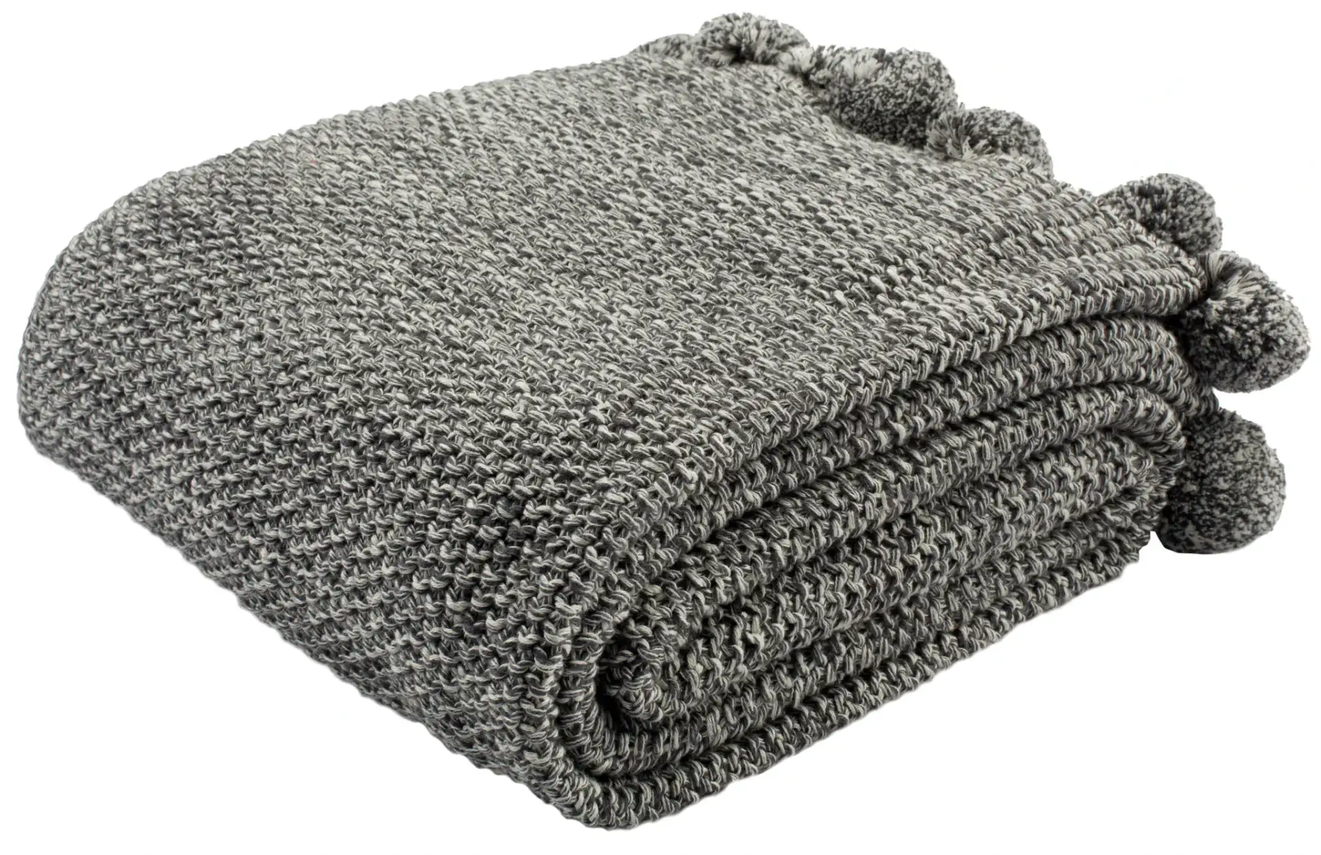 Pom Pom Knit Throw in Dark Gray / Natural