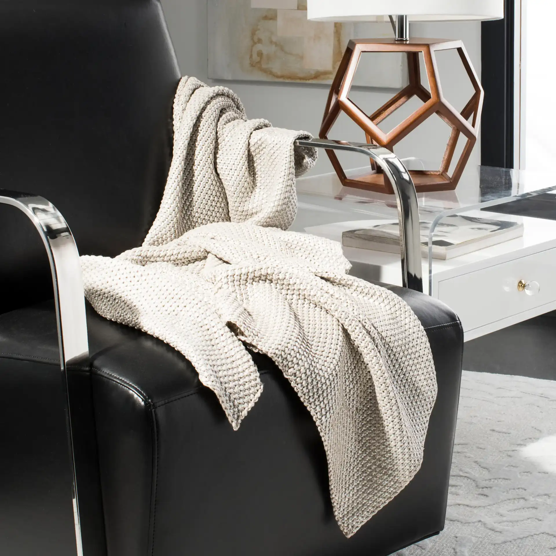 Tickled Grey Knit Throw in Palewisper in a styled room