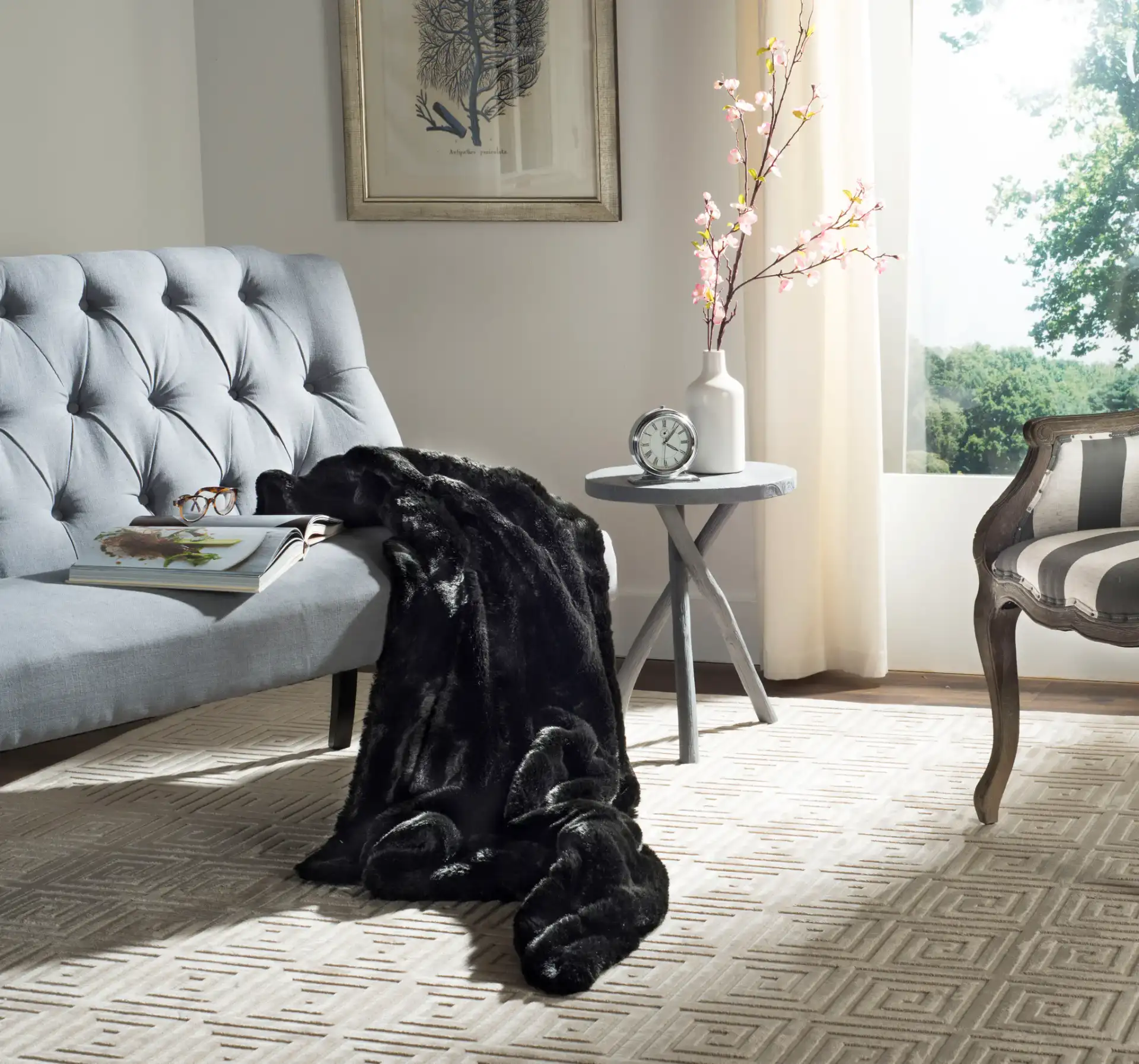 Faux Black Mink Throw in Black in a styled room