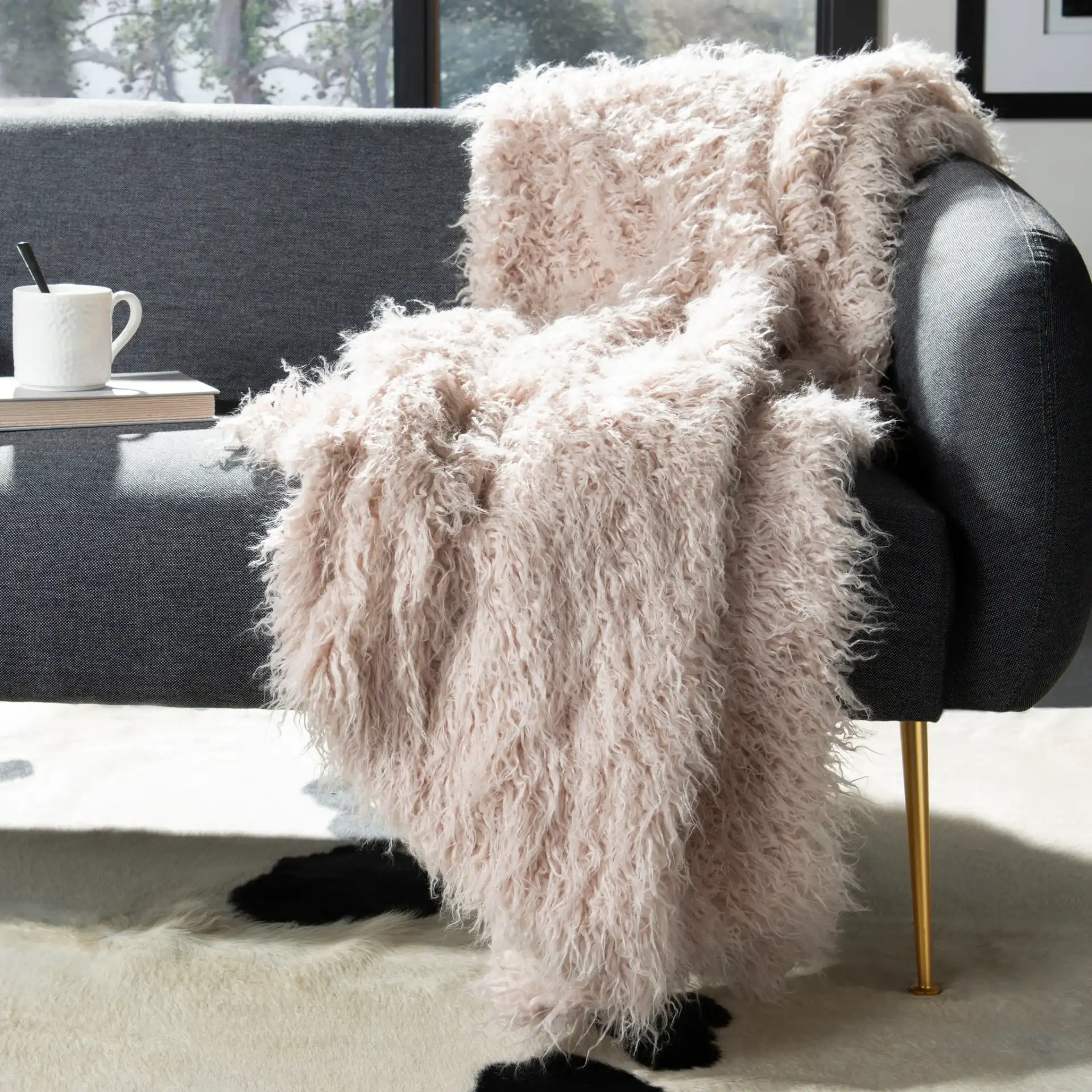 Faux Sheepskin Throw in Taupe in a styled room