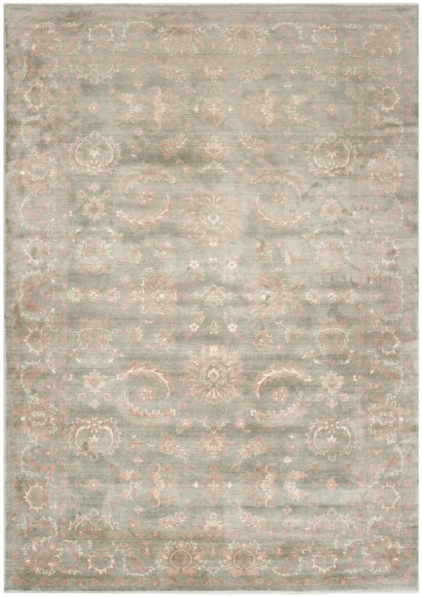 Tibetan Floral Vine Hand-Loomed Viscose Rug in Dark Gray / Ivory