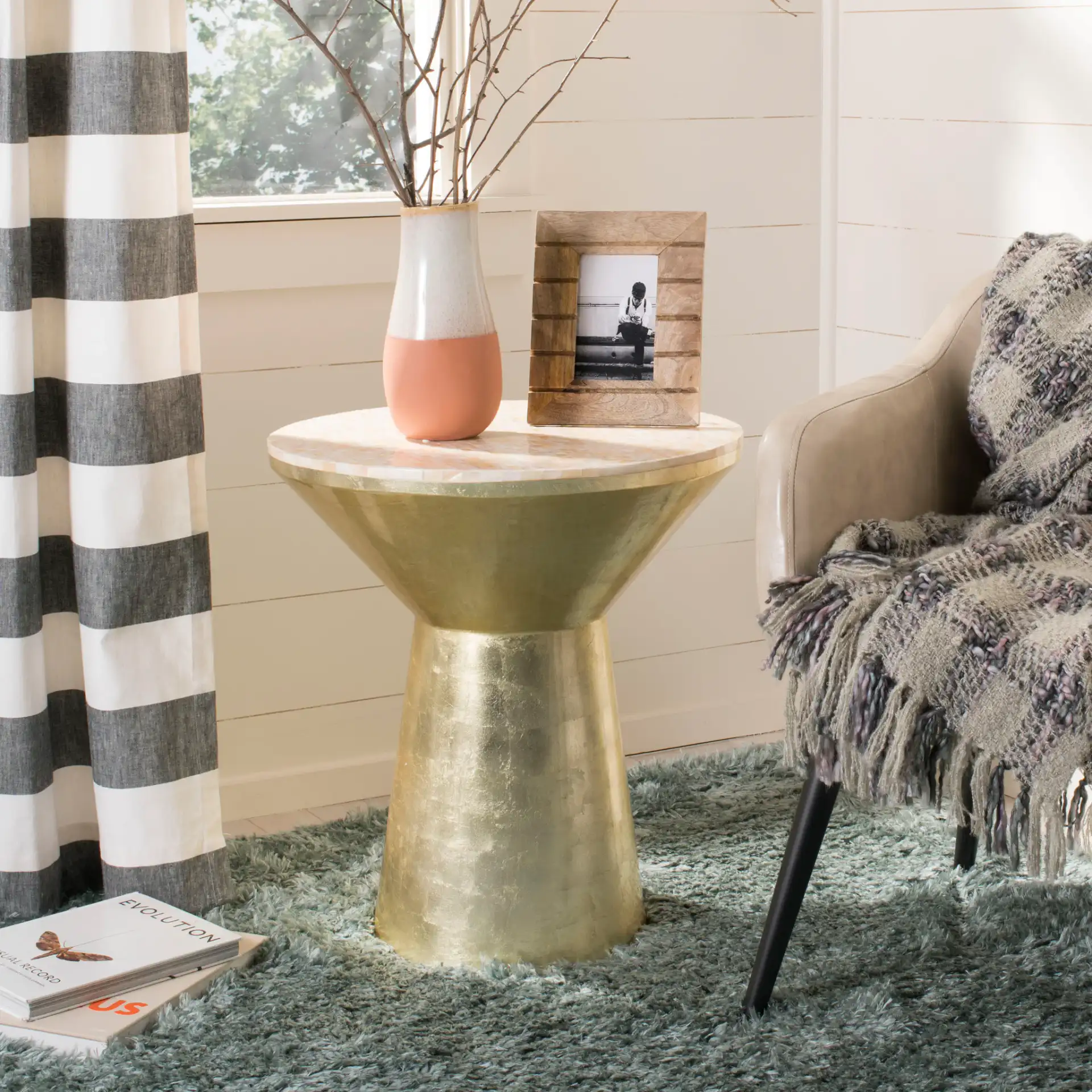 Fae Mosaic Top Round Side Table in Pink Champagne / Gold in a styled room