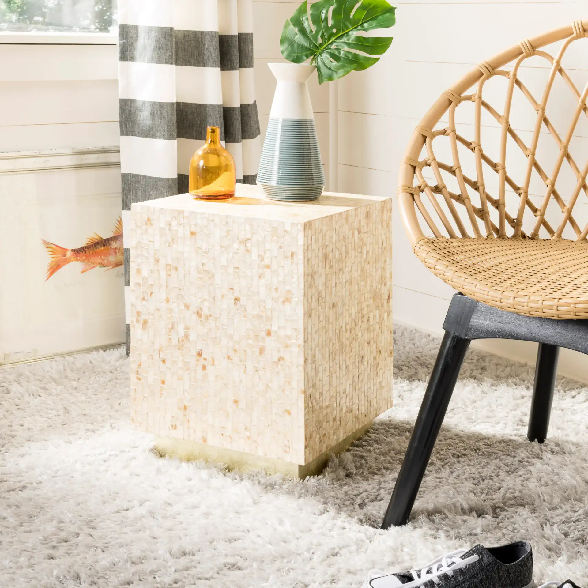 Juno Rectangular Mosaic Side Table in Multicolor Beige / Gold in a styled room
