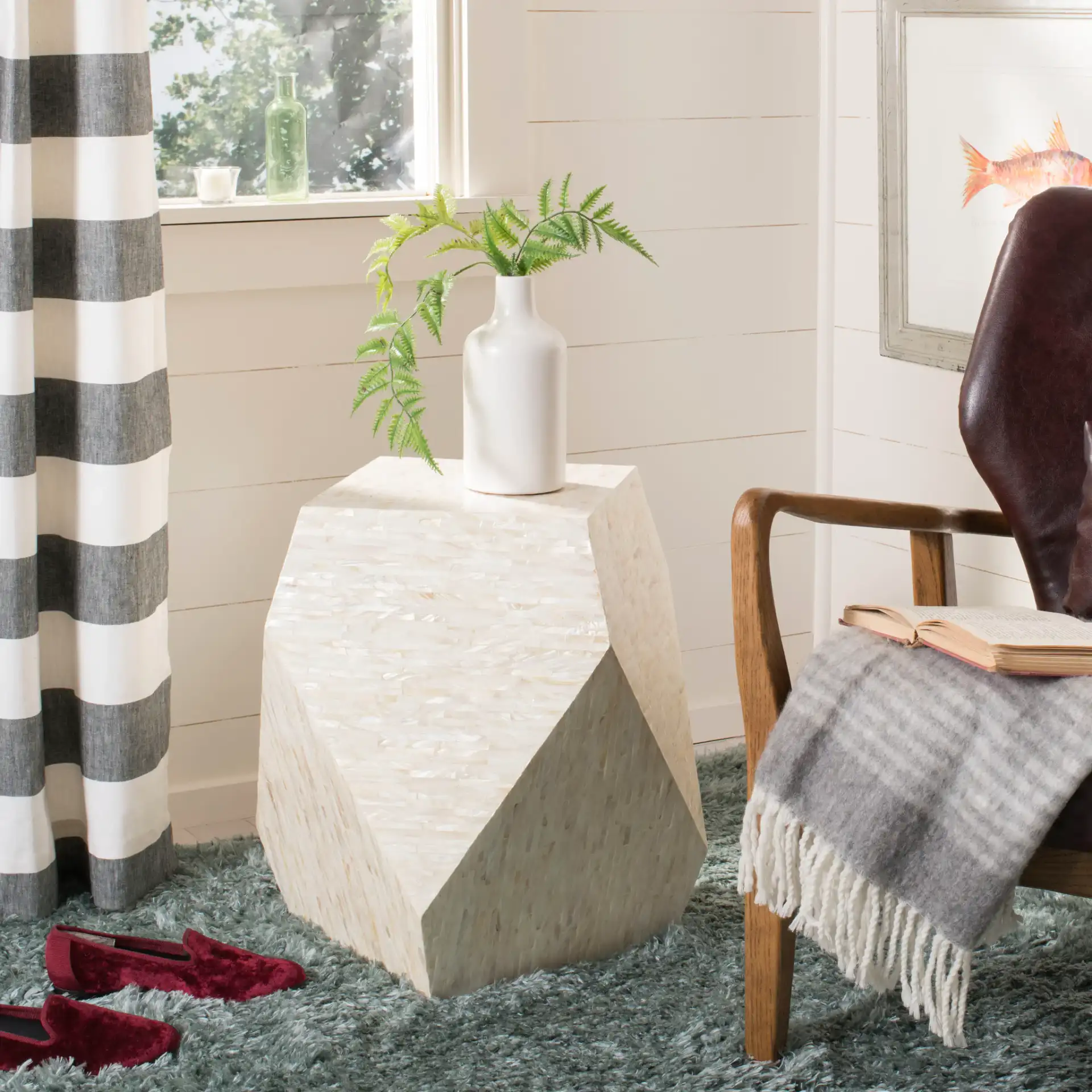 Lea Mosaic Geometric Side Table in Multicolor / Light Beige in a styled room