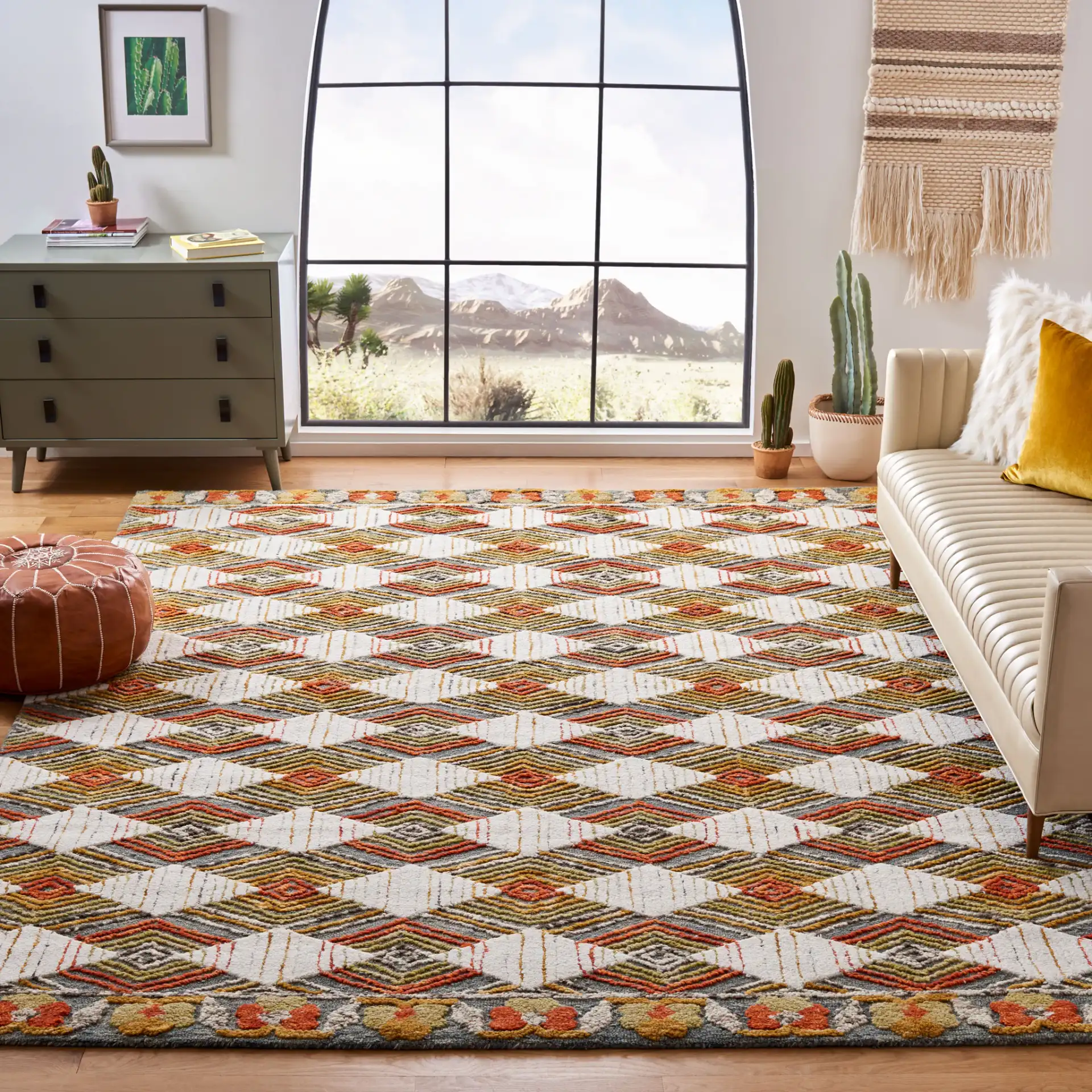 Trace Diamond Grid Hand-Tufted Wool Rug in Blue / Ivory in a styled room