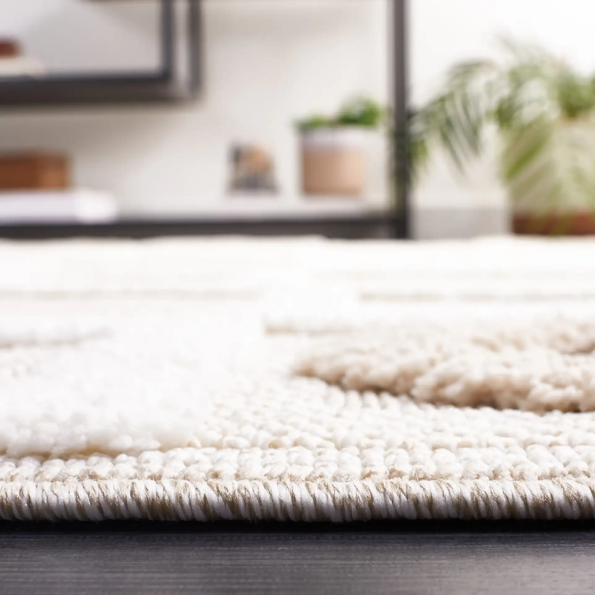 Trends Patchwork Grid Shag Rug in Beige / Ivory in a styled room