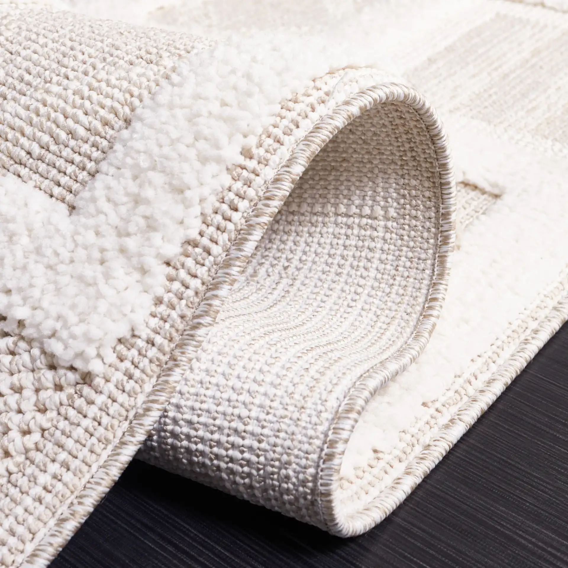 Trends Patchwork Grid Shag Rug in Beige / Ivory in a styled room